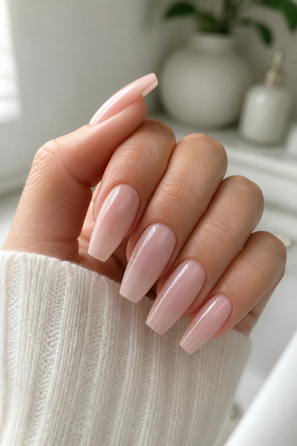 Close-up of milky pink nude coffin nails on a real hand under soft light