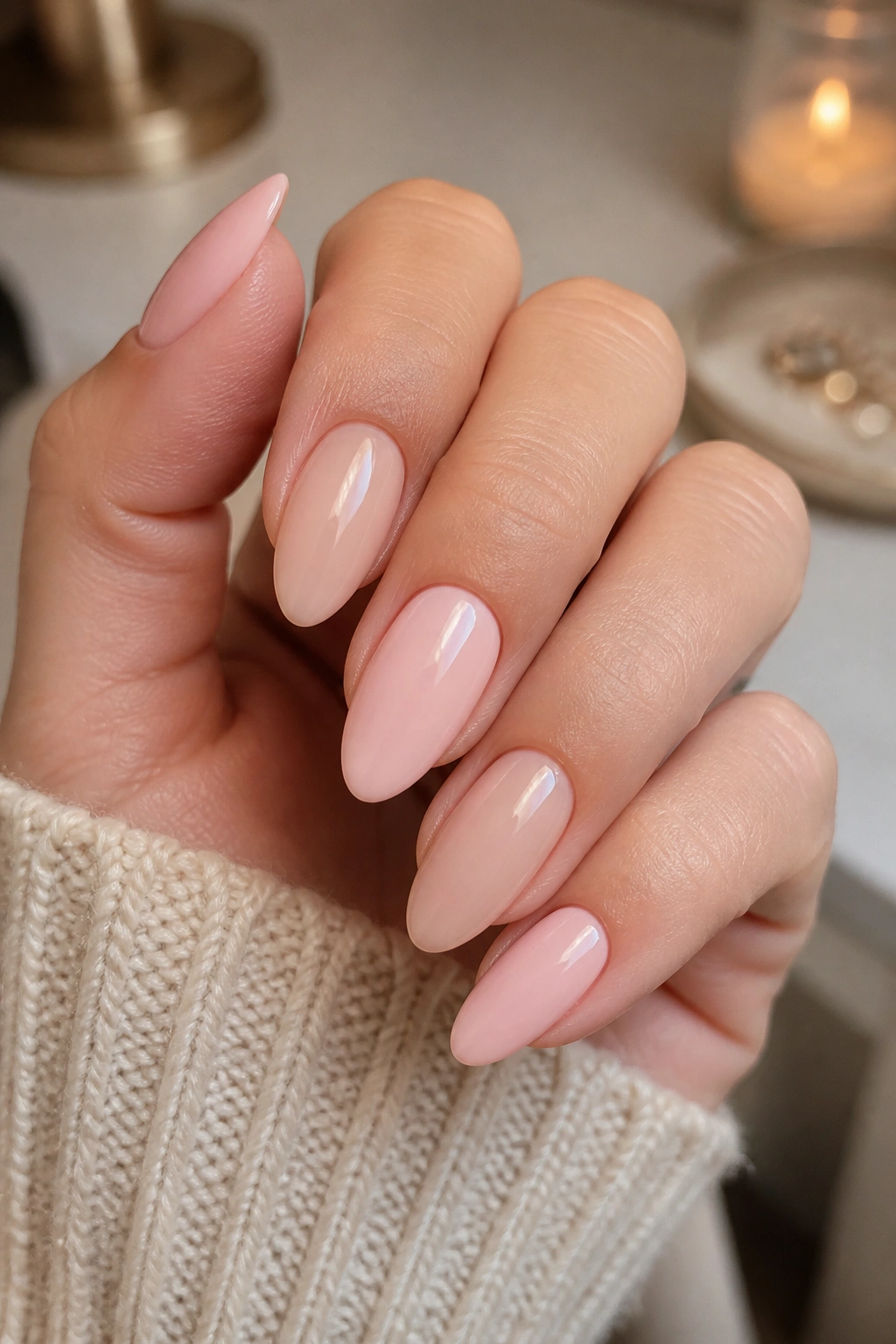 Close-up of alternating milky pink and sheer nude almond nails