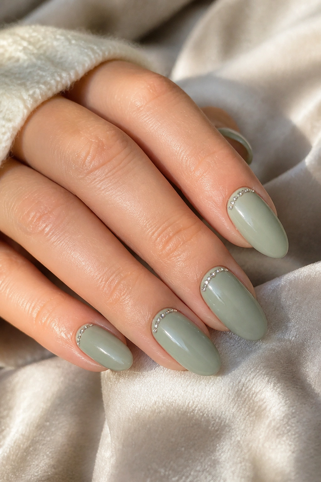 Close-up of milky sage green almond nails with micro gems on a real hand