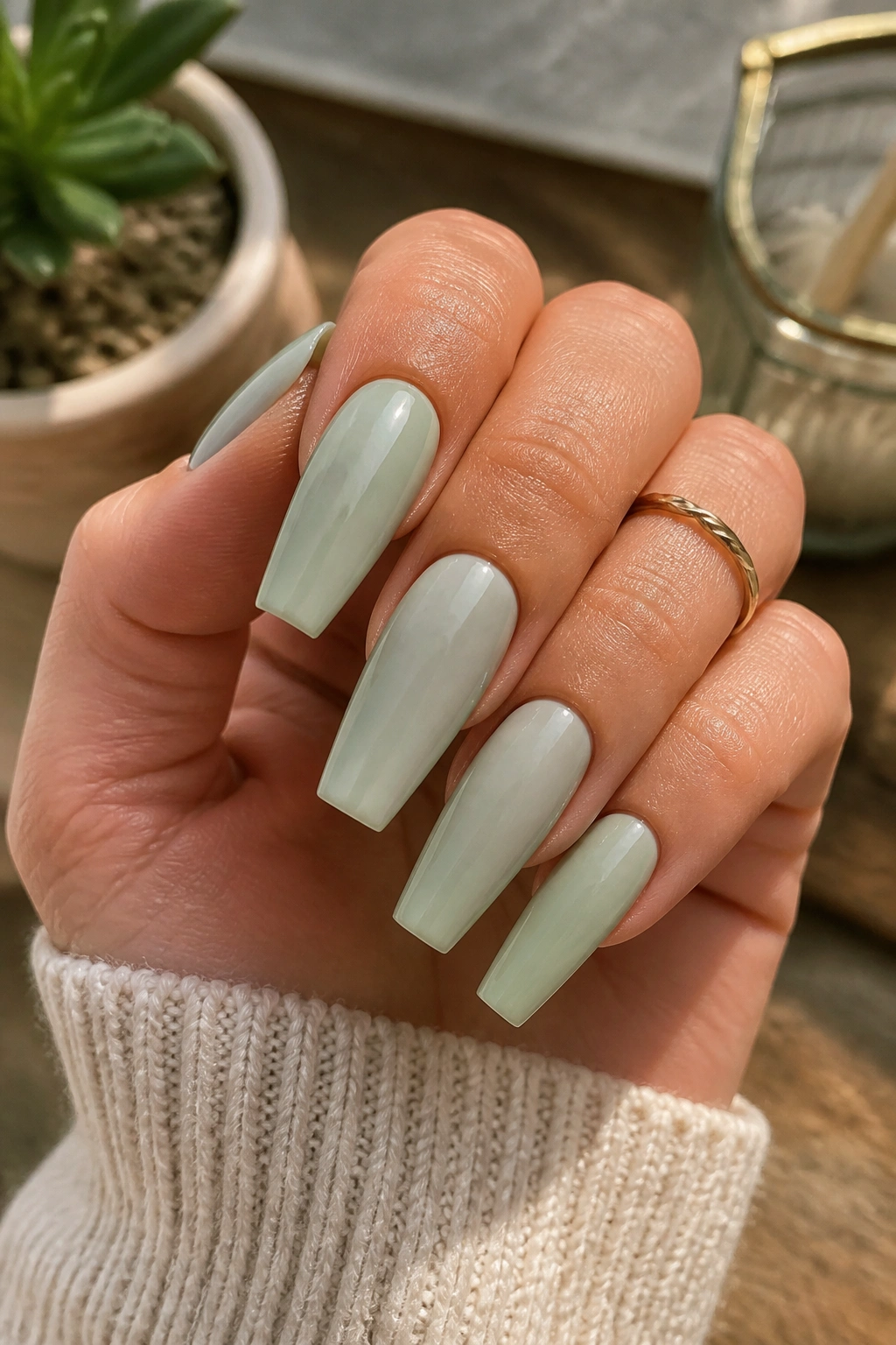 Close-up of milky sage coffin nails with cloudy finish on real hand