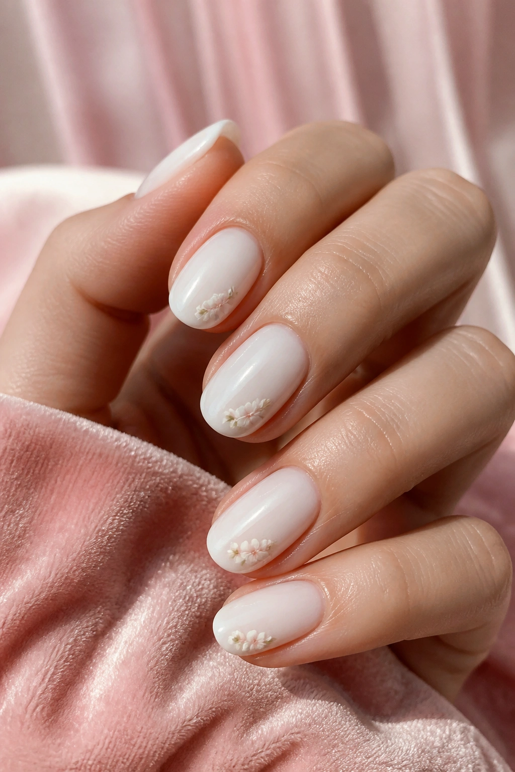 Close-up of milky white short oval nails with tiny floral art on a real hand