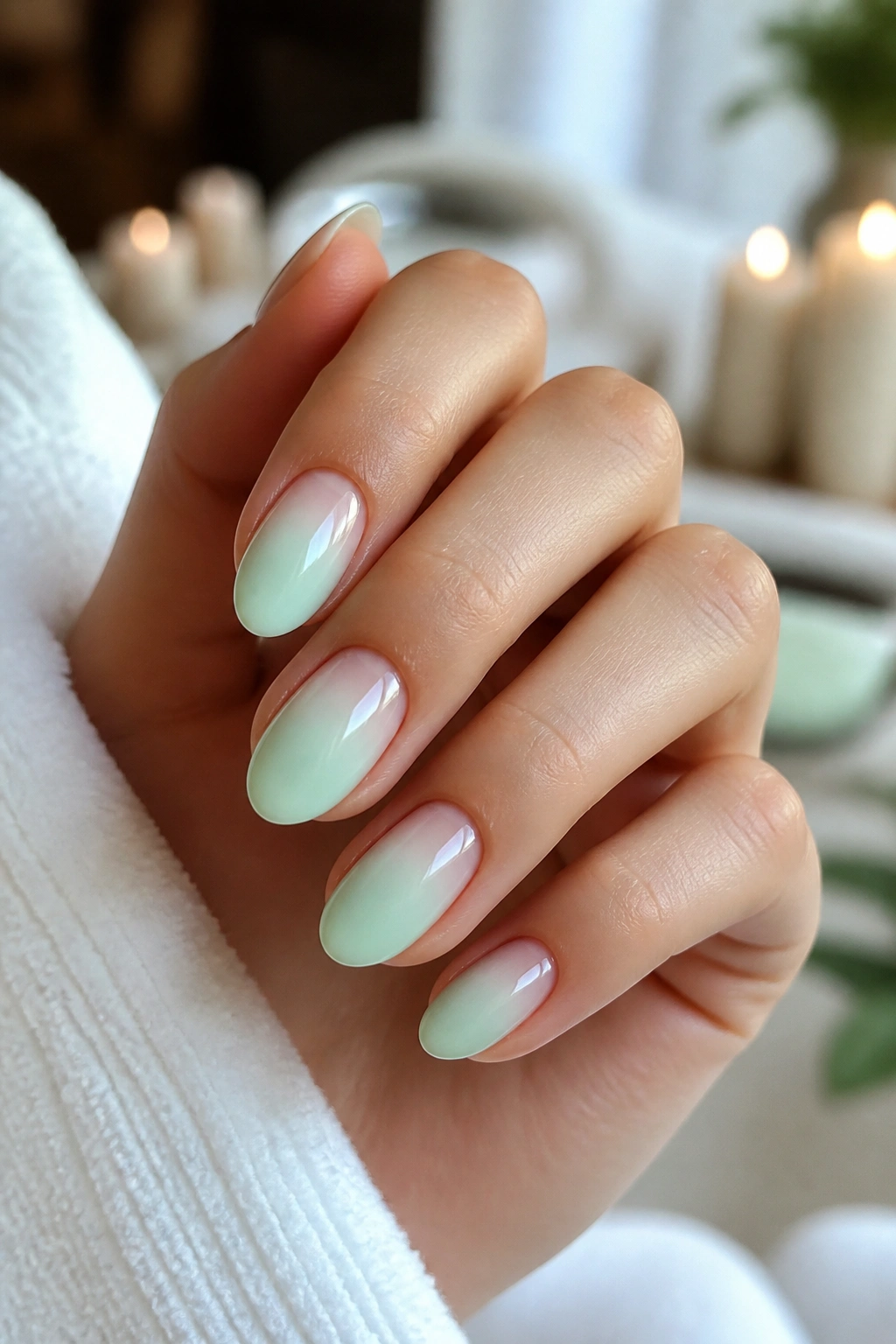 Close-up of mint aura almond nails with soft gradient on nude edges