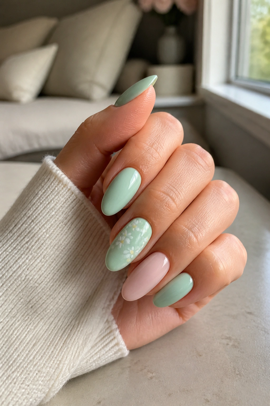 Close-up of mint nails with tiny daisies accent on two nails