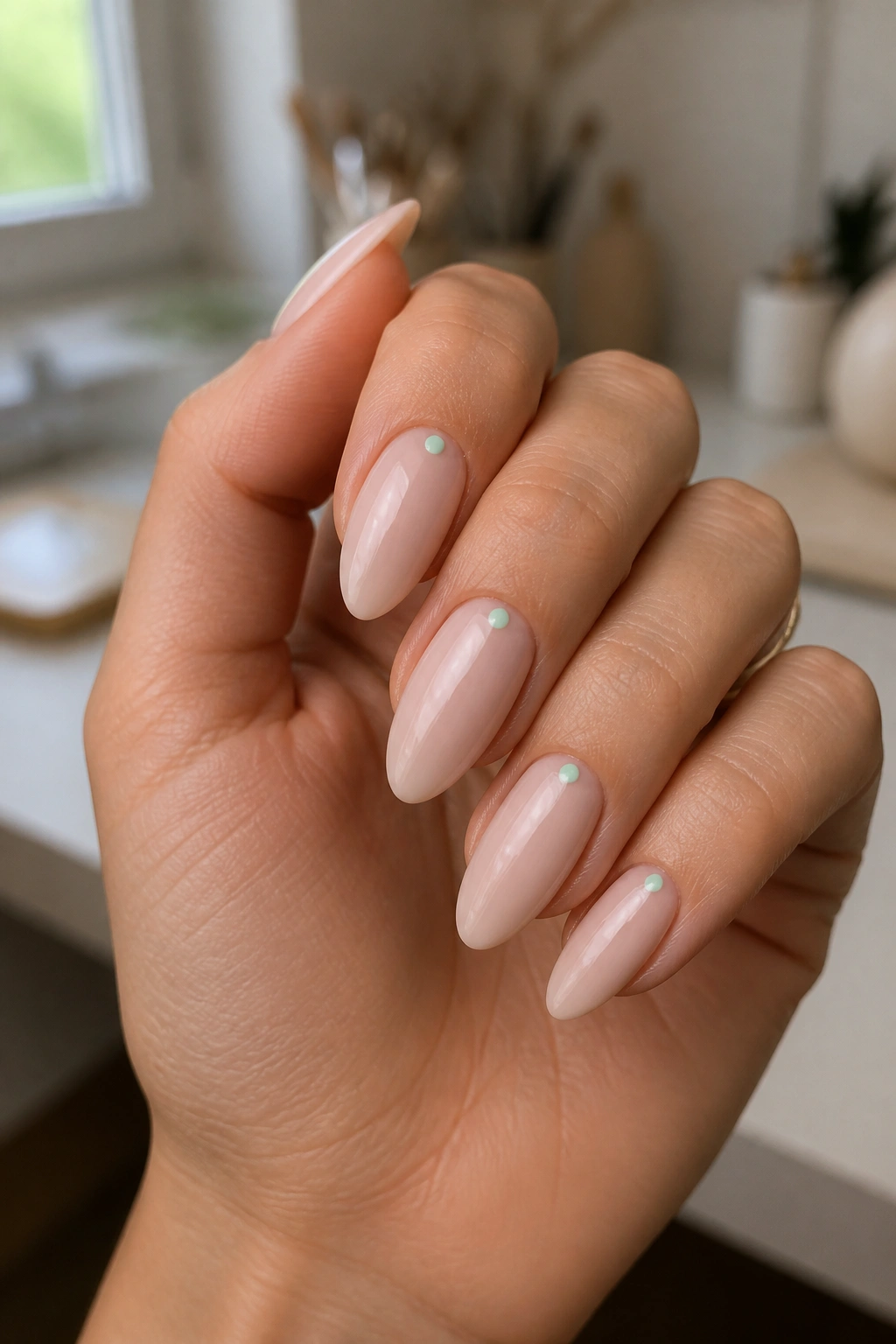 Close-up of real hand with almond nails featuring mint-green cuticle dots