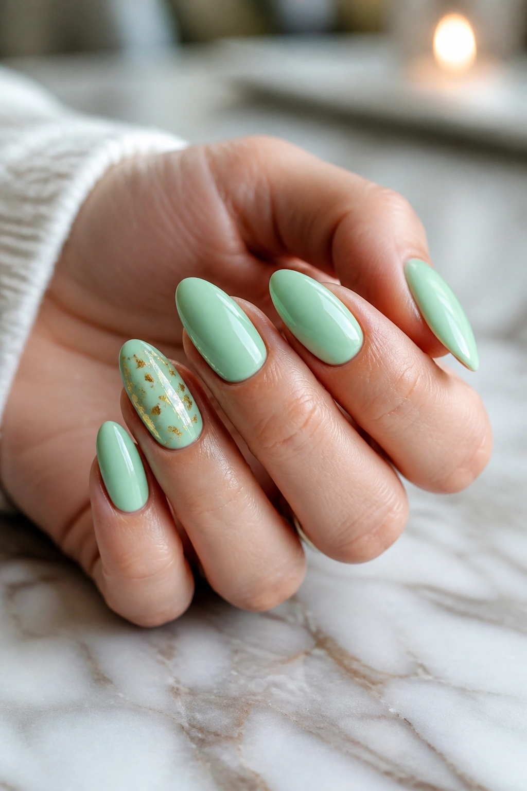 Almond nails with mint base and gold foil accents