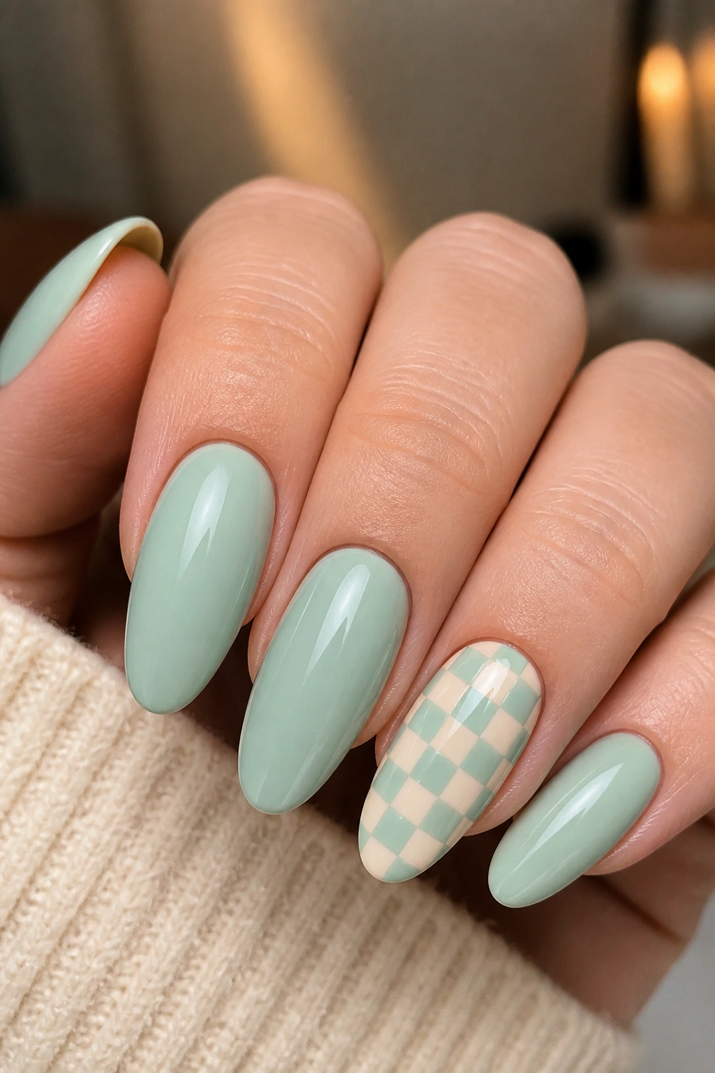 Almond nails with mint base and cream checkerboard accent nail