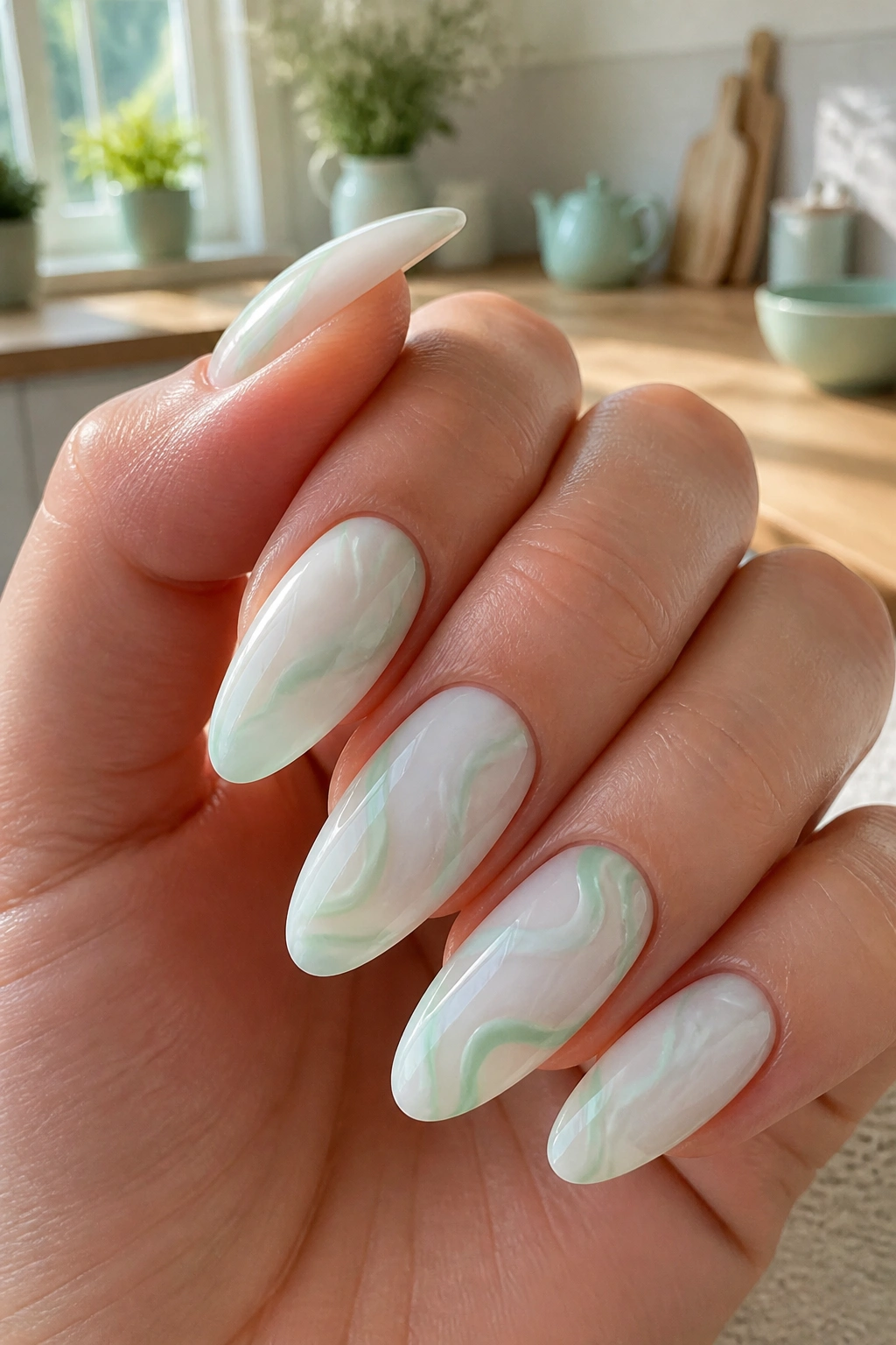 Close-up of mint and milky swirl almond nails on a real hand