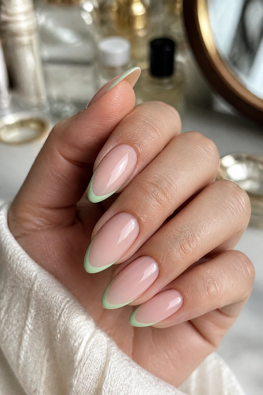 Almond nails with mint outline French tips on a real hand