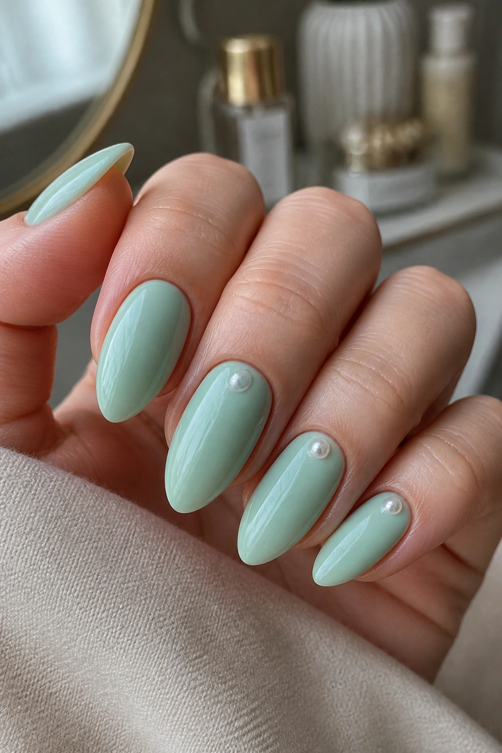 Close-up of almond nails with mint polish and small pearls near the cuticle