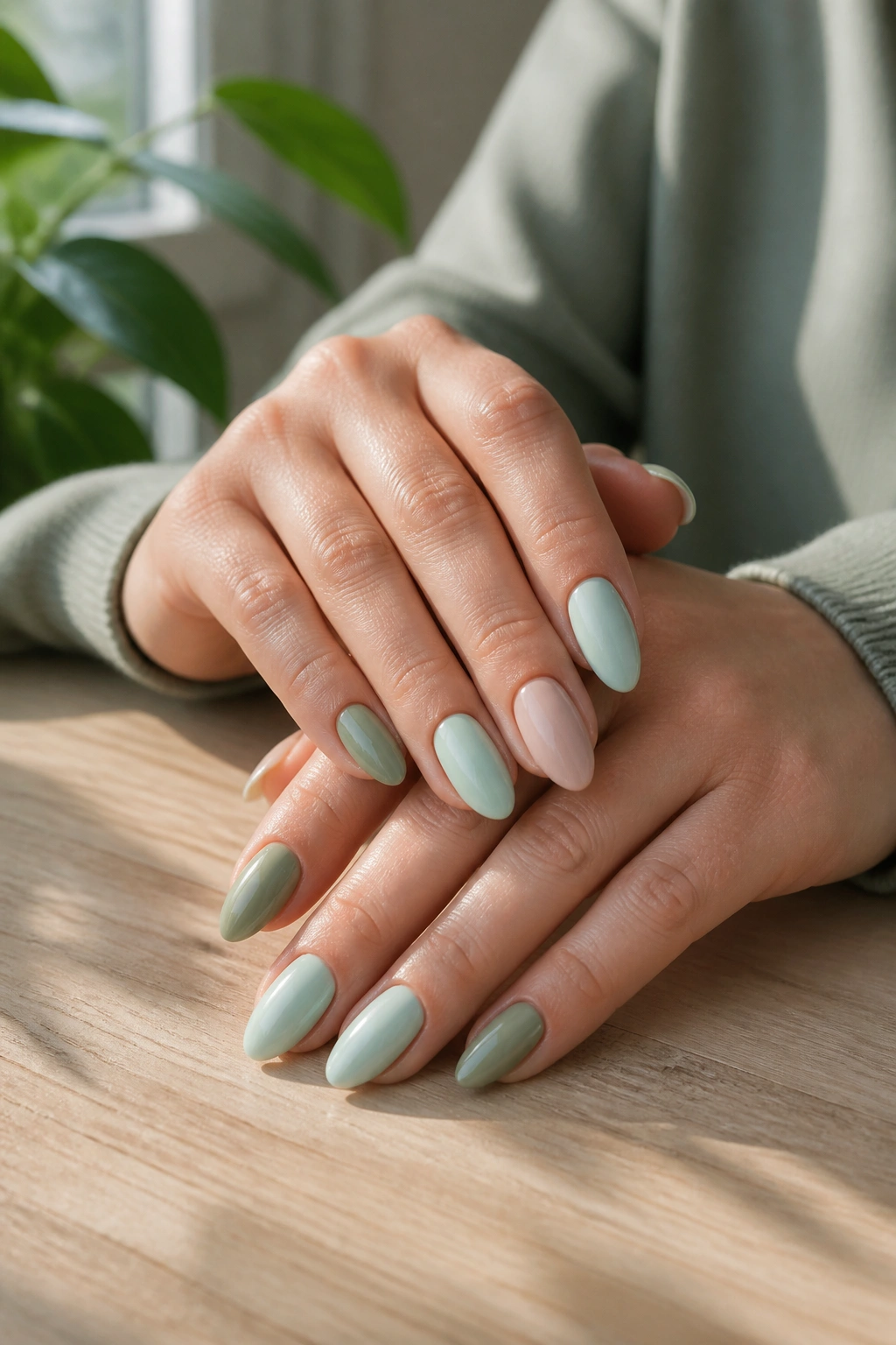 Close-up of almond nails in mint and sage with a nude accent on hands at a wooden manicure table