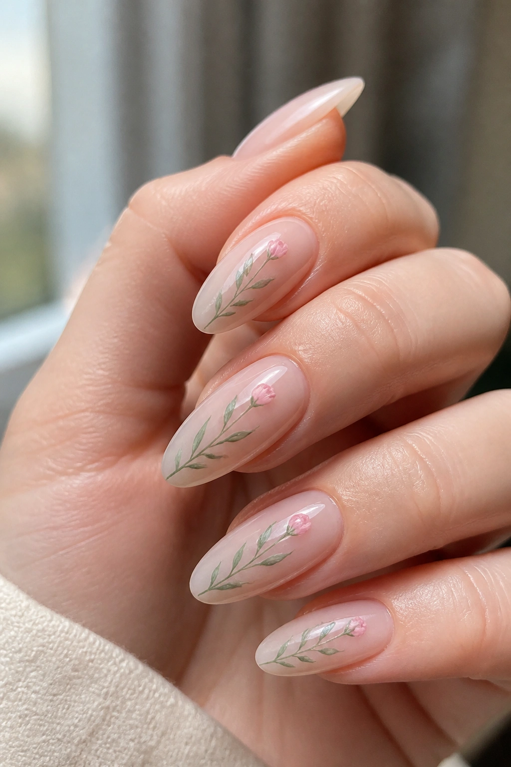 Almond nail with a mint stem and pink rosebud on nude base