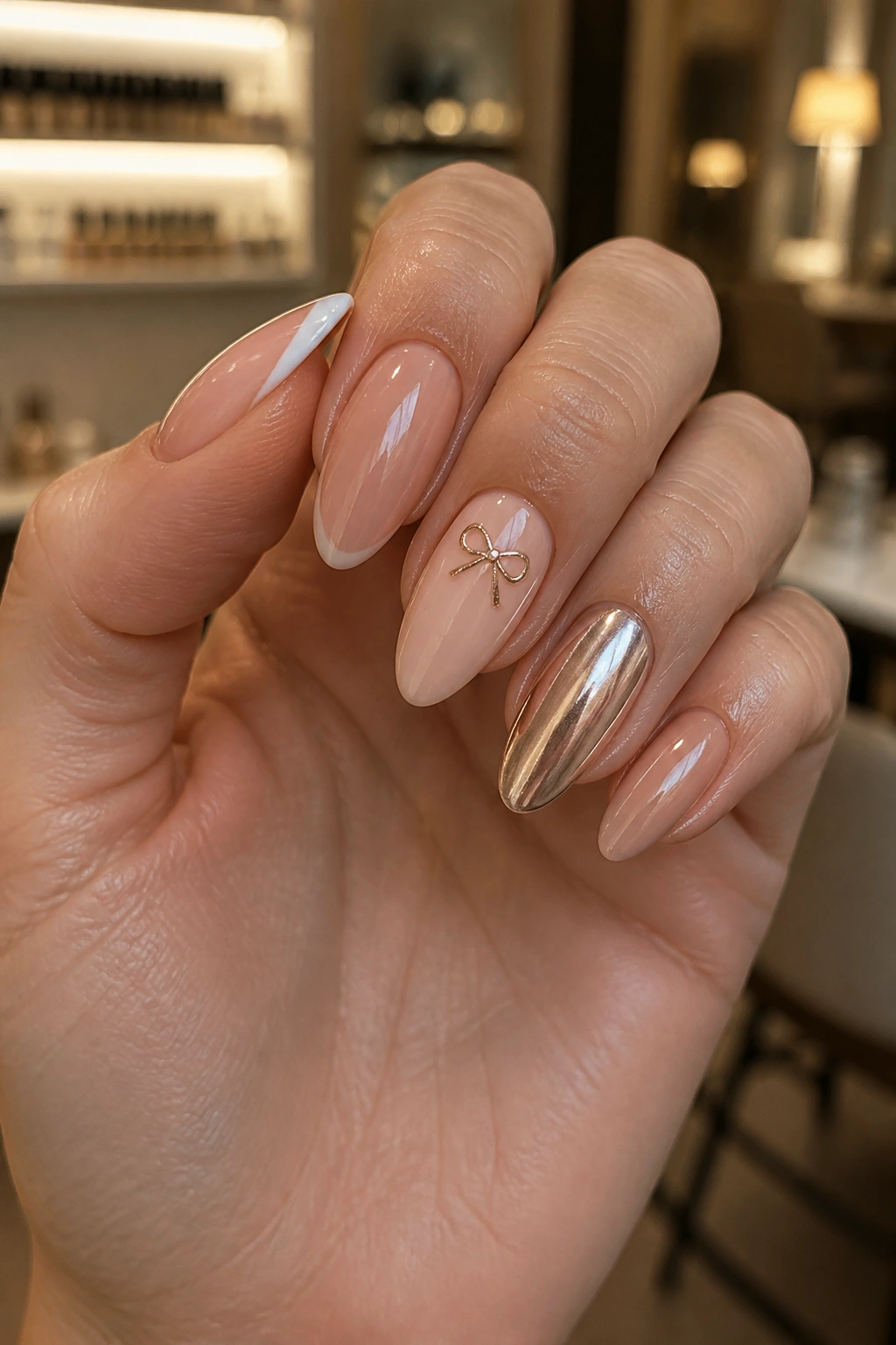 Close-up of mixed-finish bow almond nails on a real hand with nude, French, chrome finishes and a bow accent