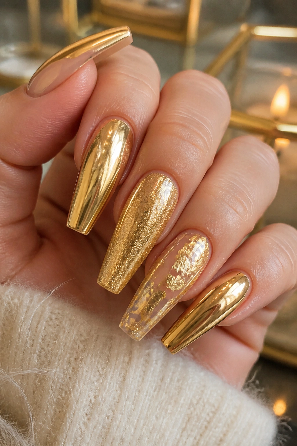 Close-up of mixed-finish gold coffin nails with chrome, foil, and glitter on a real hand