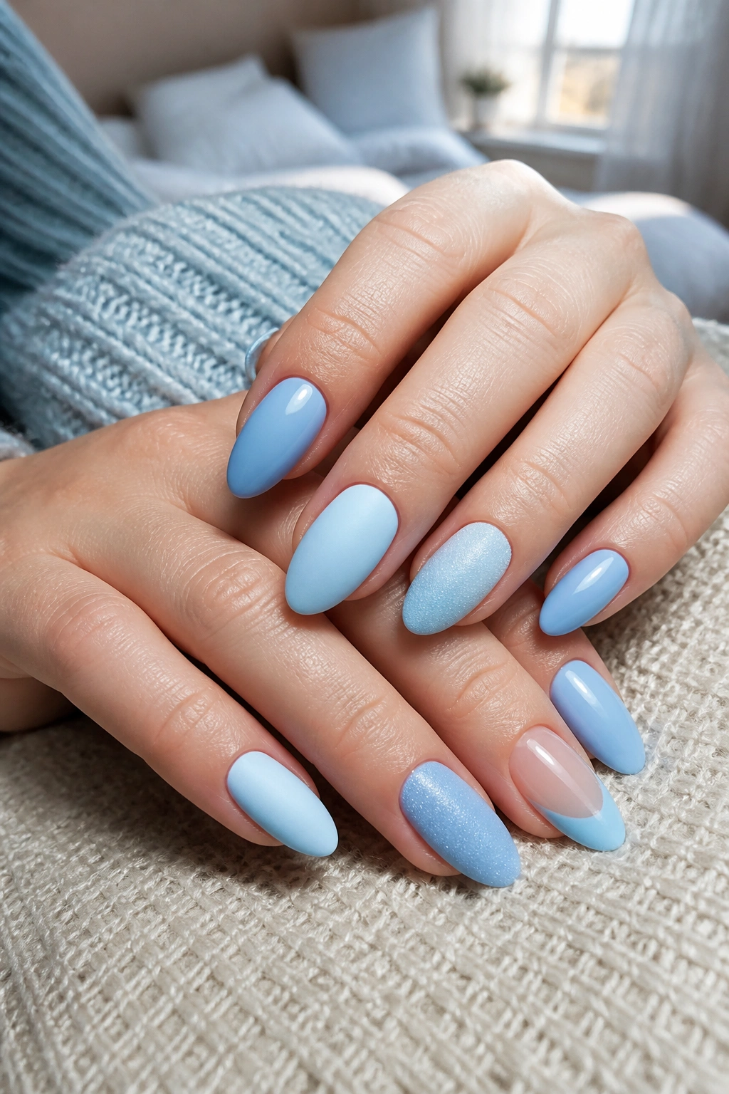 Close-up of pastel blue almond nails with mixed finishes