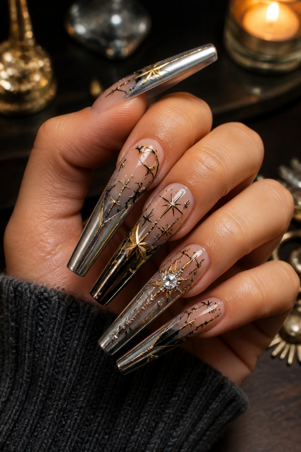 Extra-long coffin nails with mixed-metal celestial collage