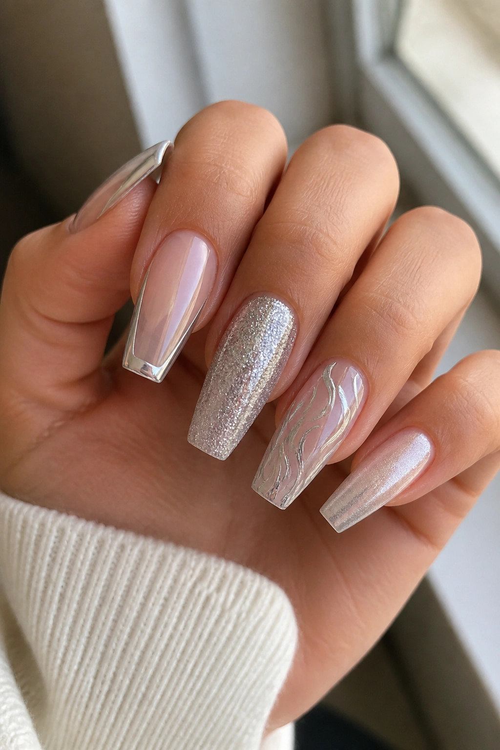 Close-up of mixed silver coffin nails with chrome, glitter, and micro-French accents on real hand
