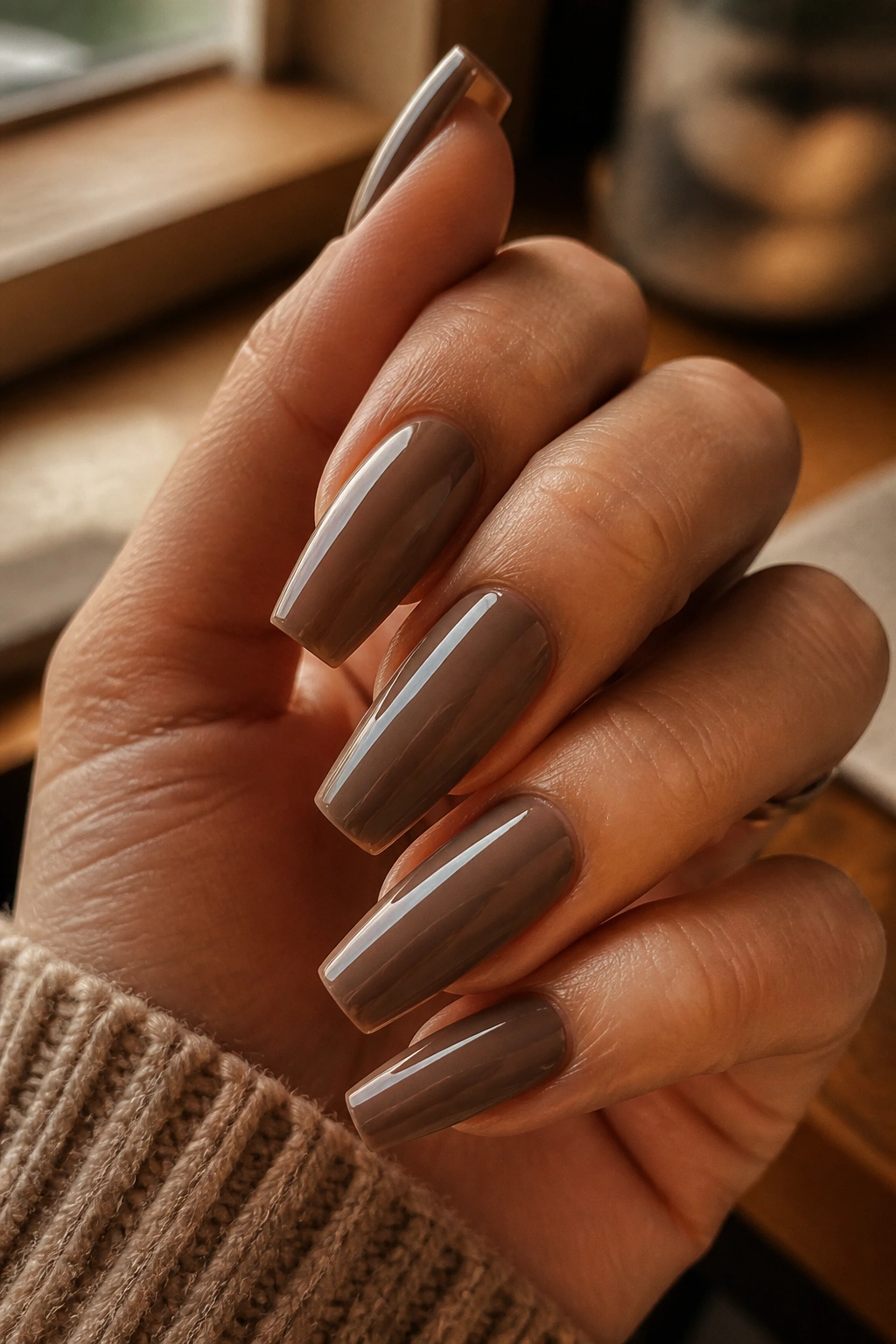 Close-up of real hands with mocha brown coffin nails in a creamy finish.
