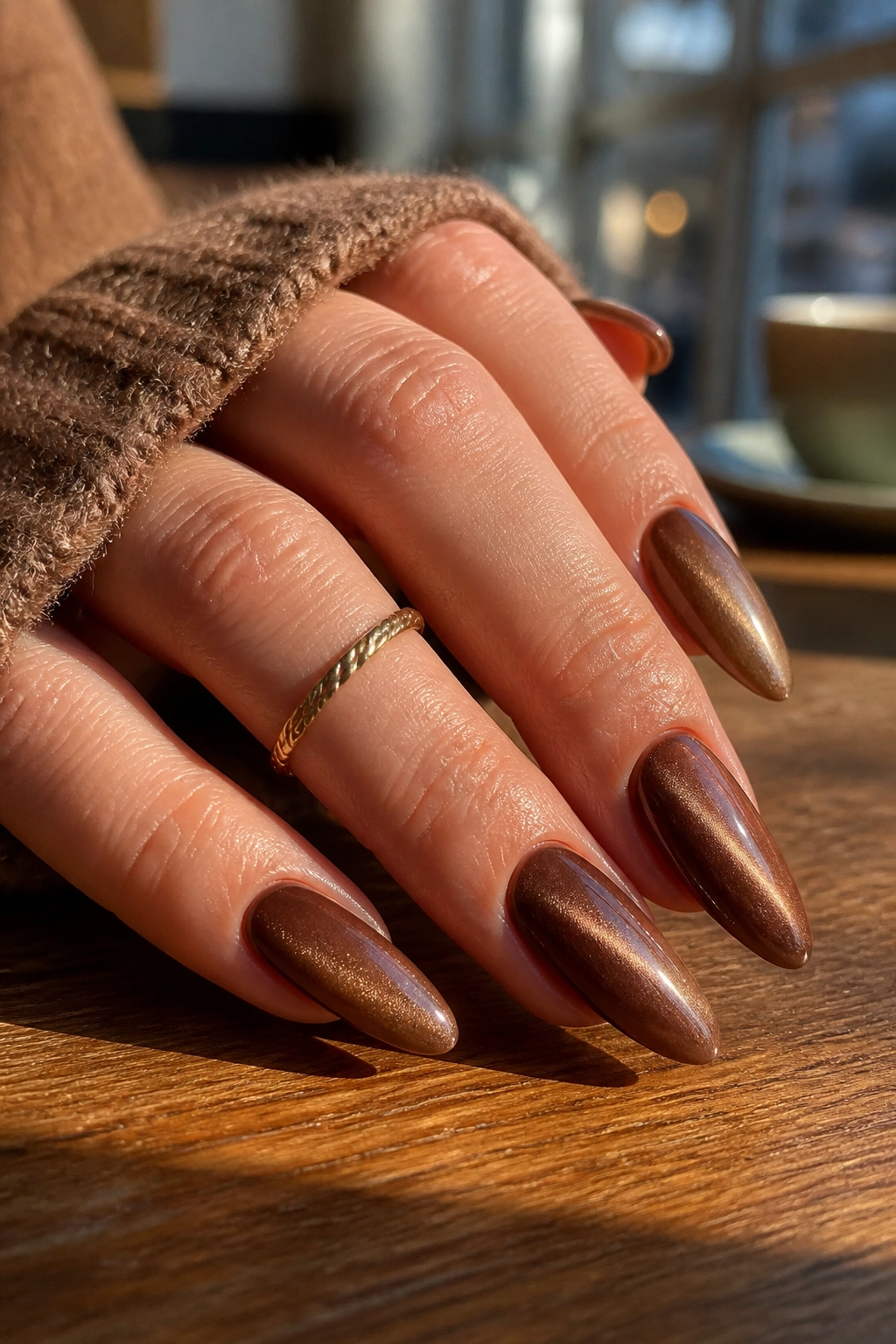 Close-up of Mocha Cat Eye Almond Nails in warm brown tones with bronze shimmer along the tip on almond-shaped nails