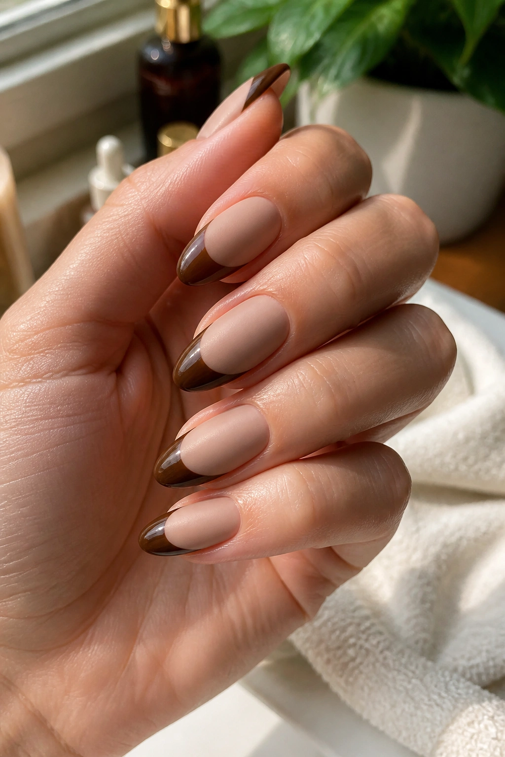 Close-up of almond-shaped mocha French nails with matte base and glossy tips on a real hand
