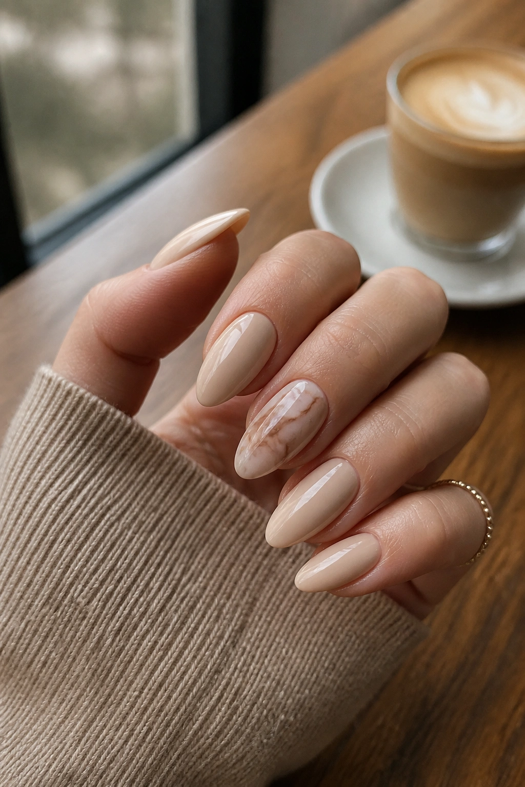 Close-up of a real hand with mocha marble whisper almond nails on a creamy base