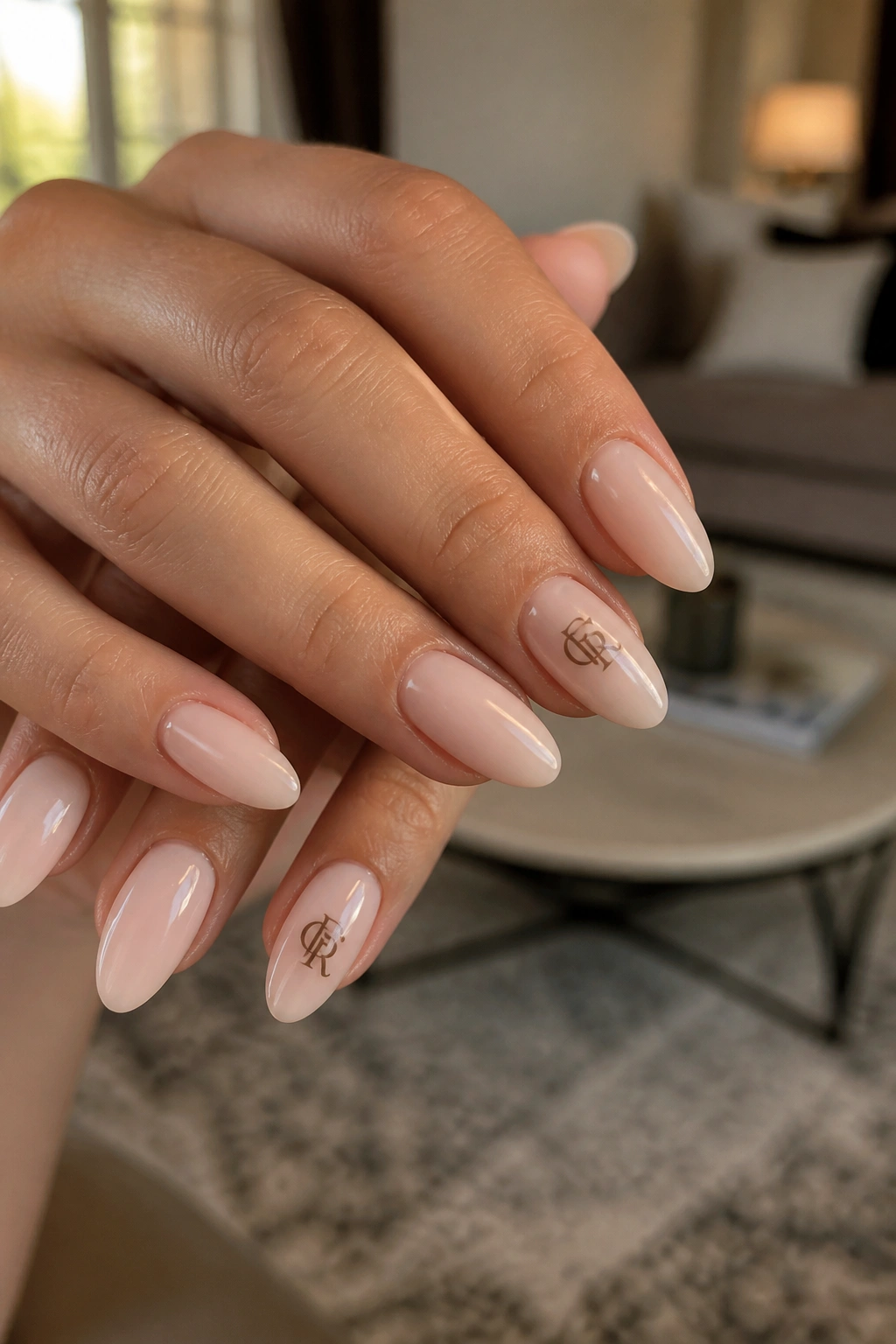 Close-up almond nails with two tiny monogram motifs on a neutral base