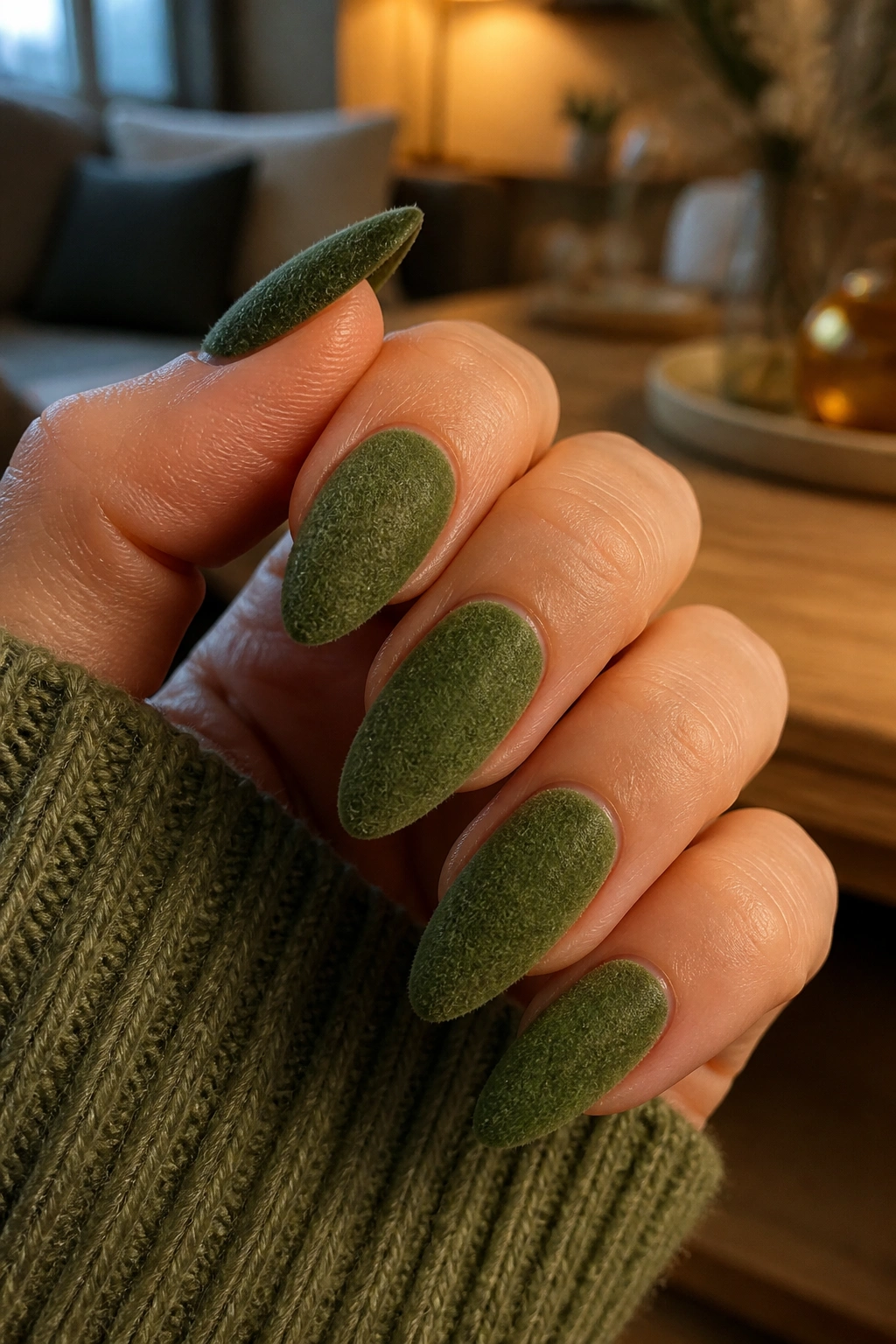 Close-up of moss velvet textured almond nails on a real hand