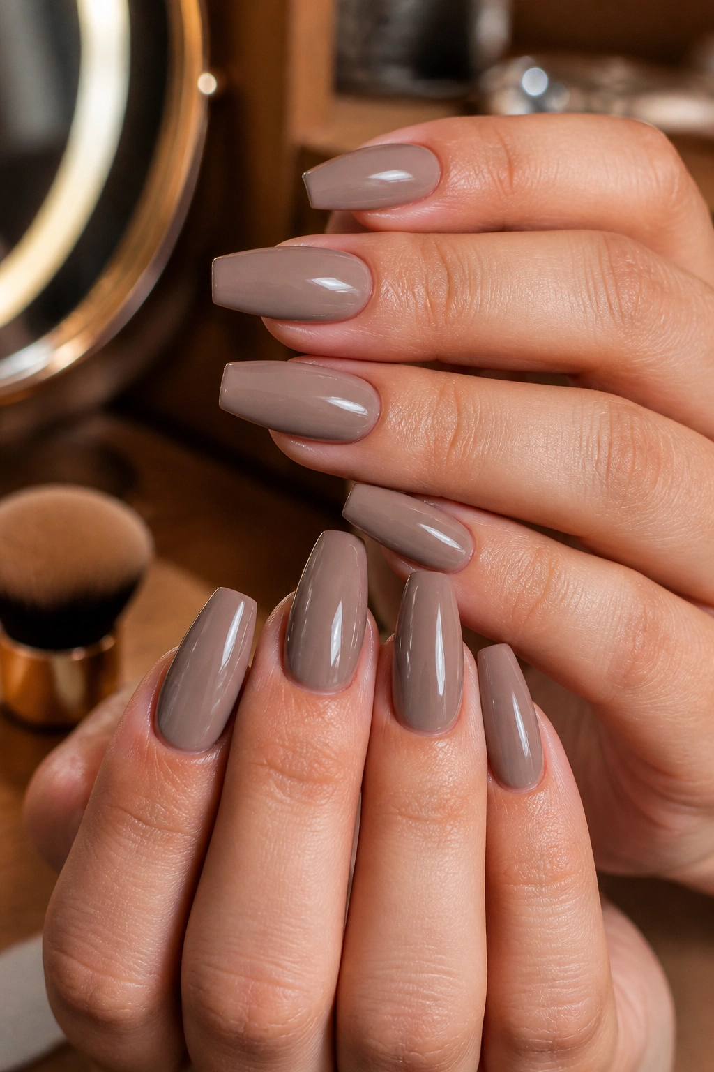 Close-up of real hands with mushroom taupe coffin nails and glassy shine.