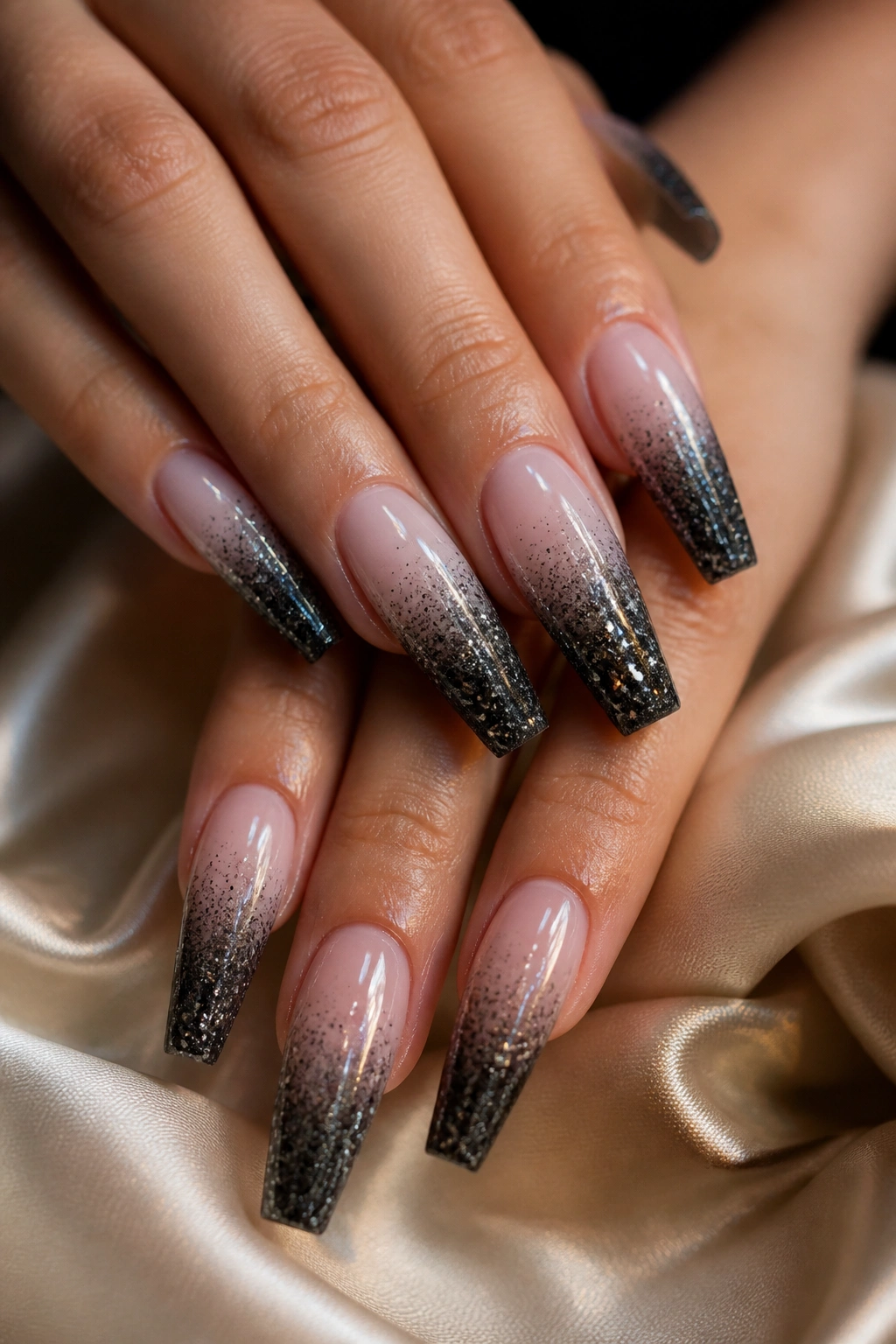 Close-up of black glitter coffin nails with a sheer nude fade on a real hand