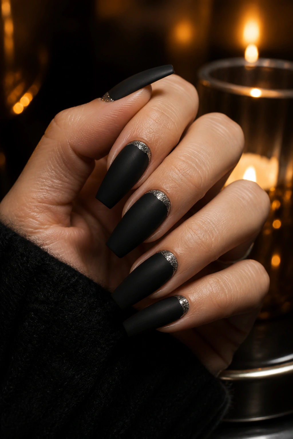 Close-up of matte black nails with glitter half-moons at the cuticle