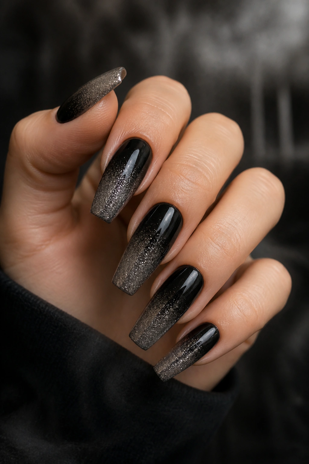 Close-up of smoky ombré nails from black to charcoal sparkle