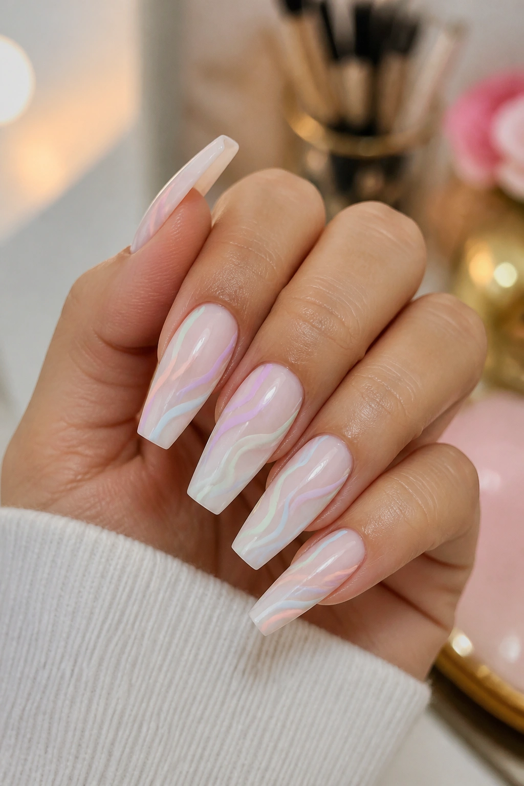 Real hand with white-base pastel swirl nail art close-up