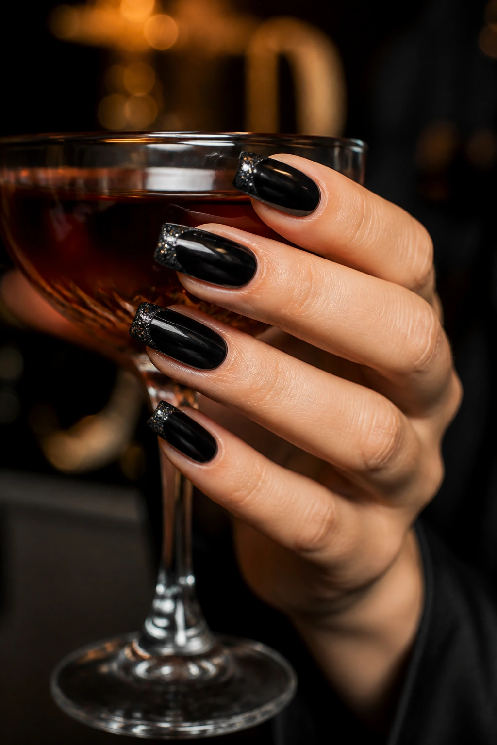 Close-up of jet black patent nails with glitter-dipped tips