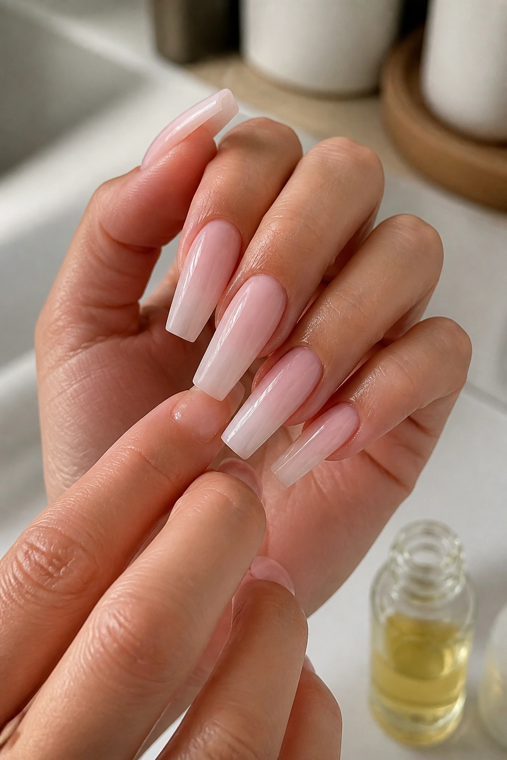 Close-up of hand with pale pink coffin nails being cared for