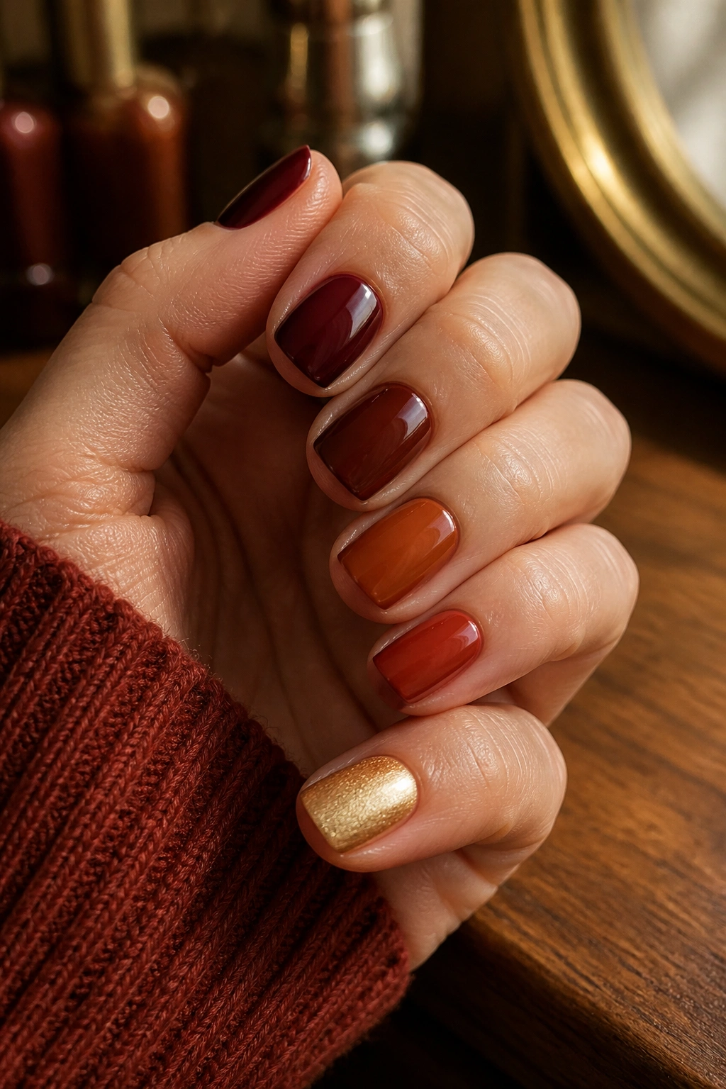 Close-up of a hand with short squoval nails in warm tones showing nail color options