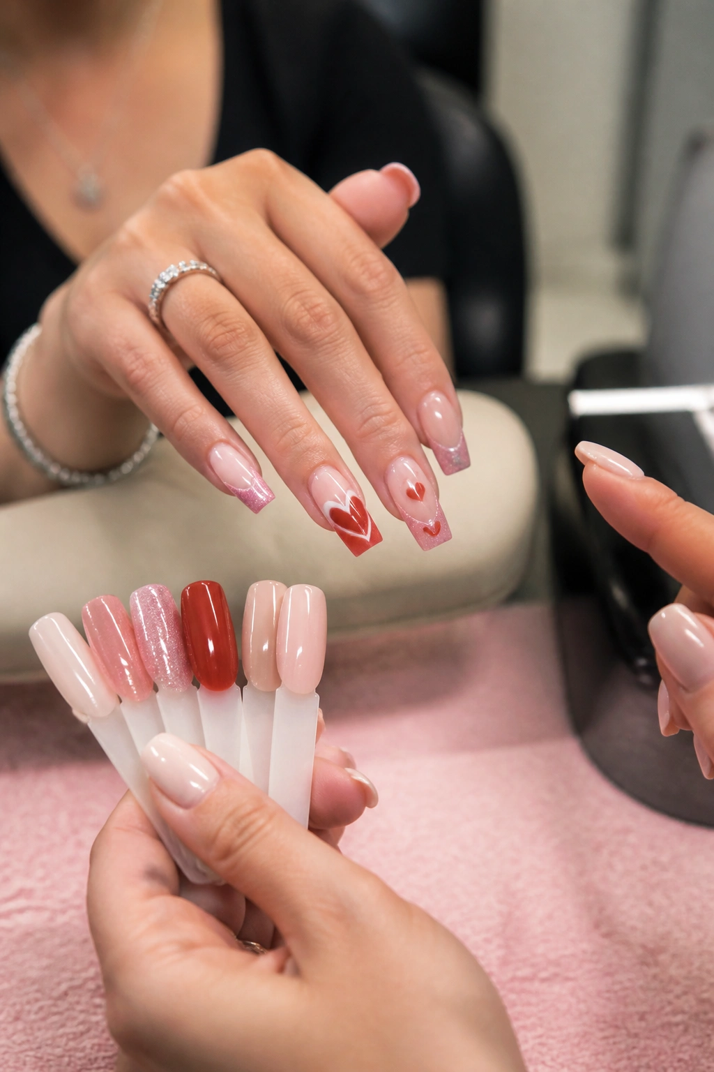 Close-up of a hand during a nail consultation focusing on nail finishes.