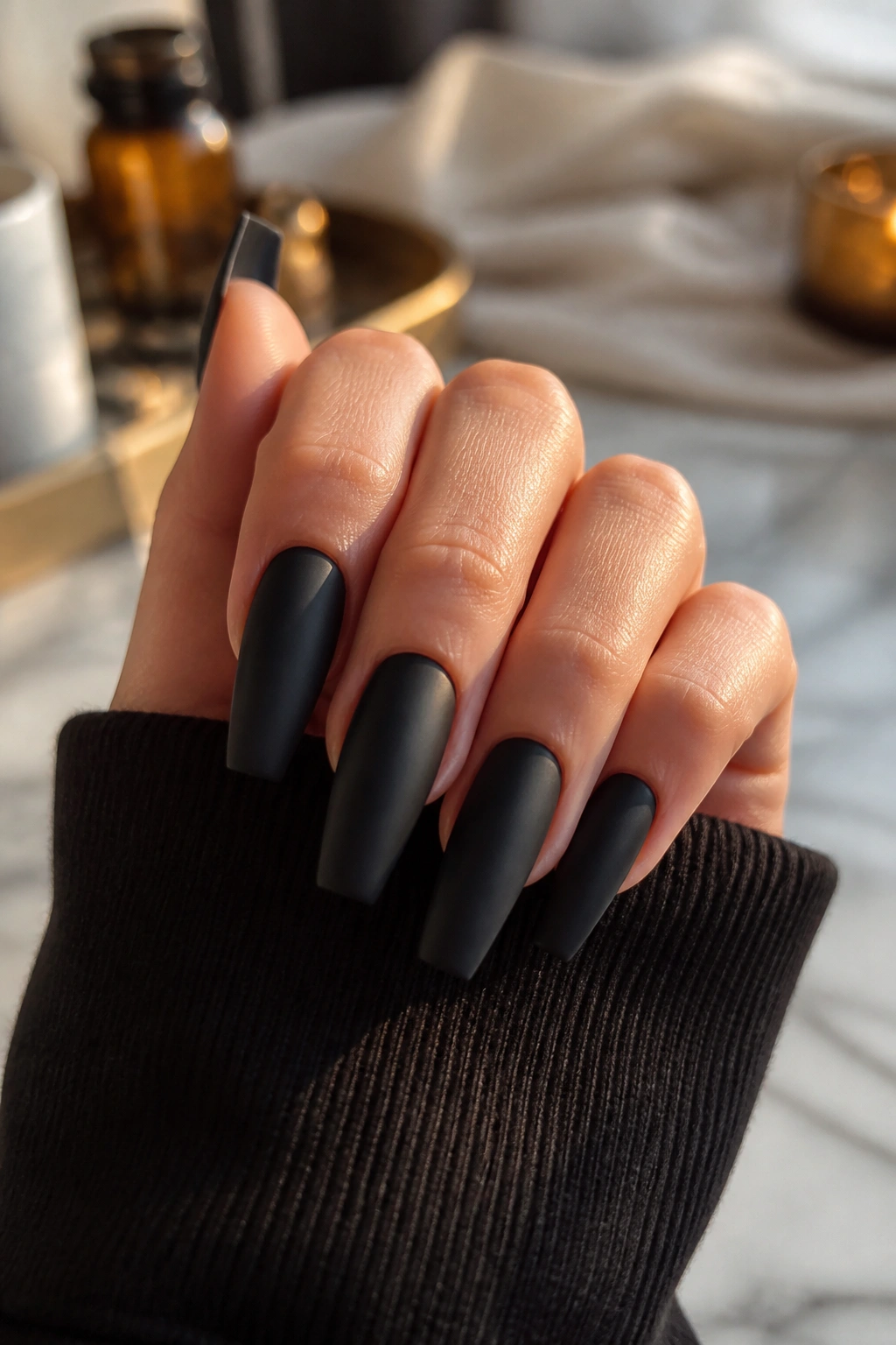 Close-up of real hand with matte black coffin nails showing finish and wear