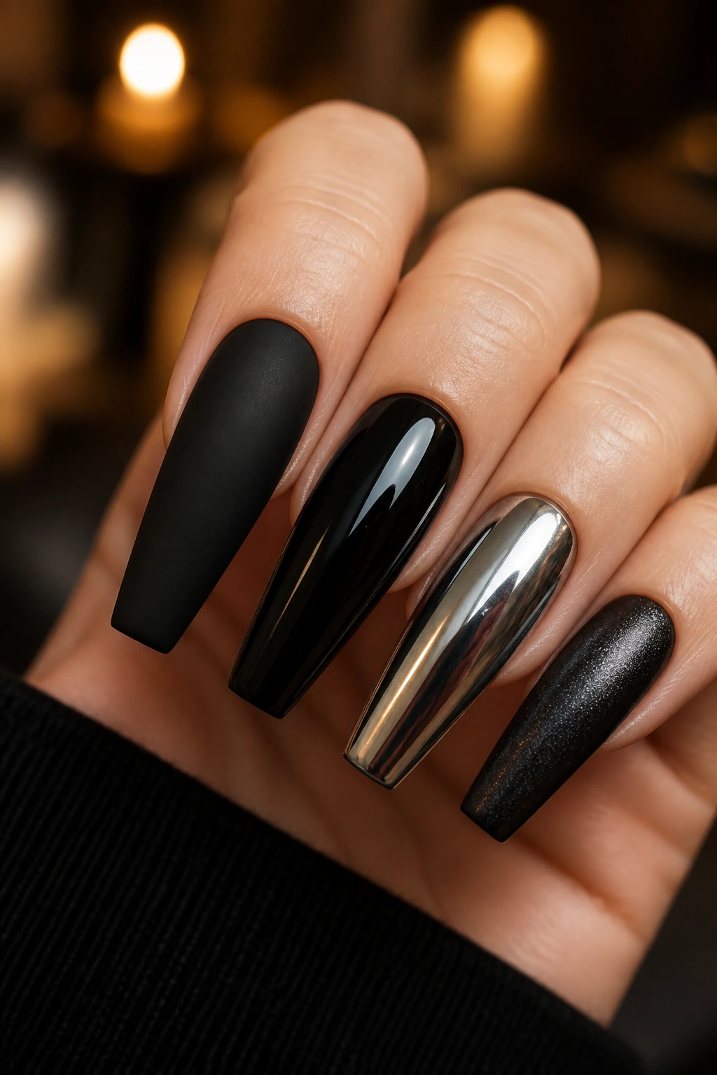 Close-up of a hand showing four coffin nails with matte, gloss, chrome, and velvet finishes