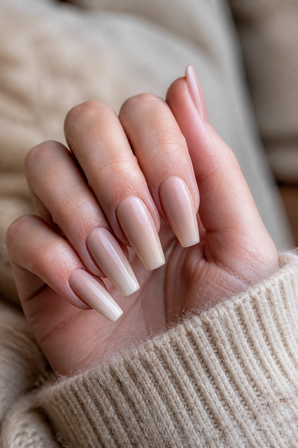 Hand with nails of different lengths showing base colors and finishes