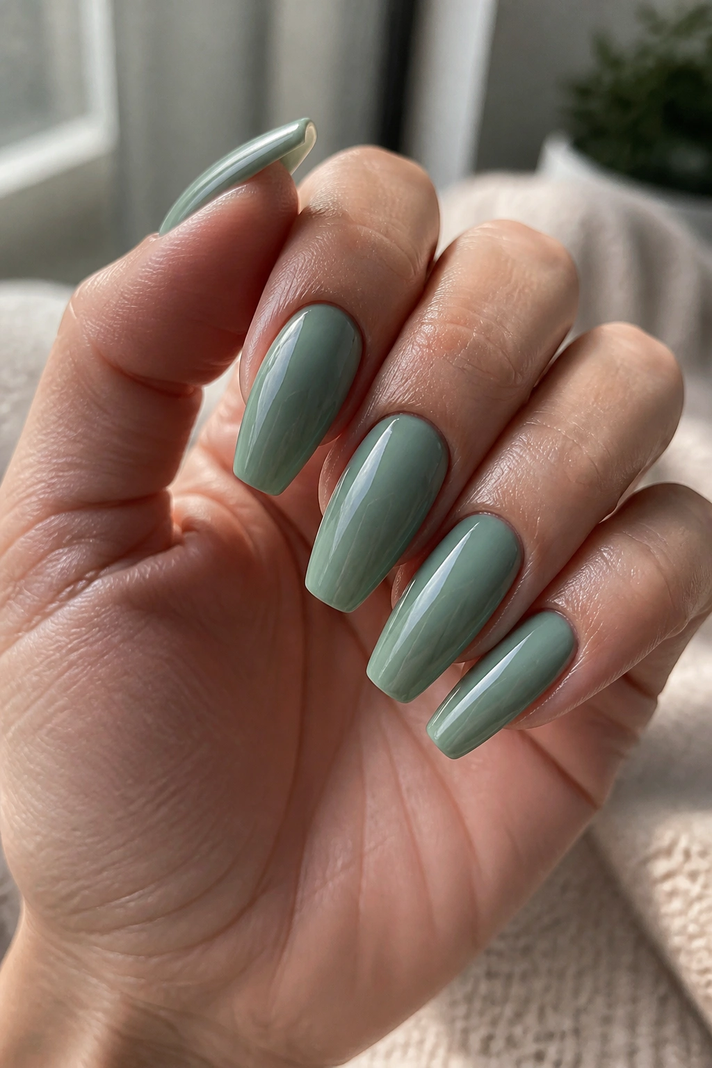 Close-up of coffin nails with balanced apex and medium length on real hand