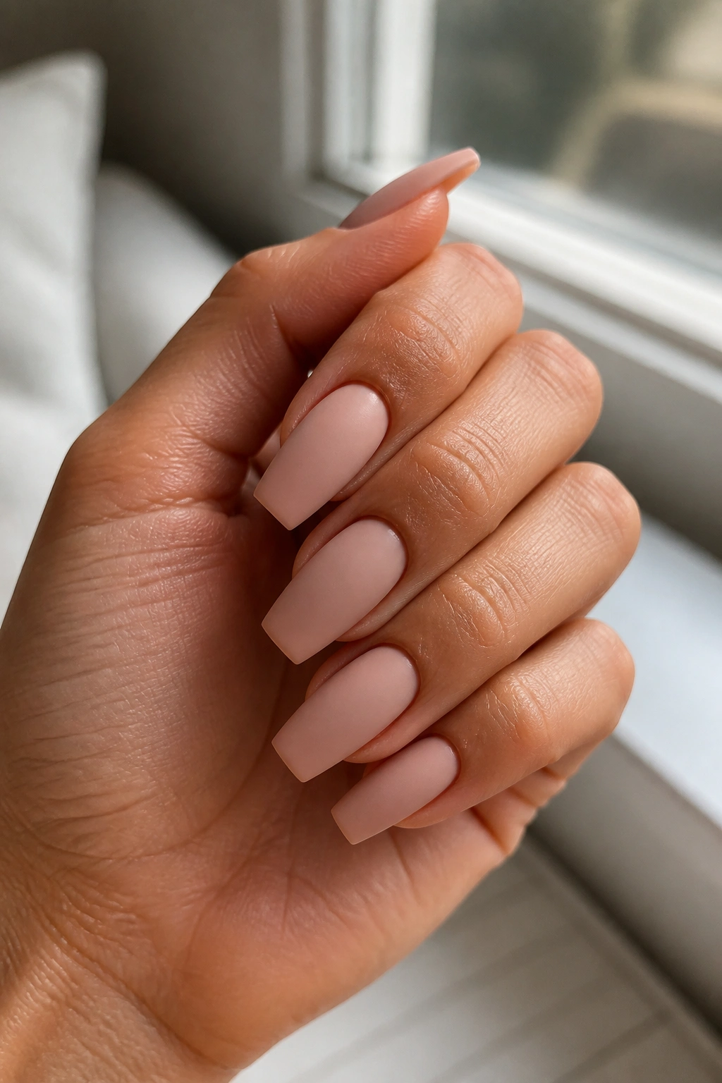 Close-up of hand with medium-length coffin nails showing length and undertone.