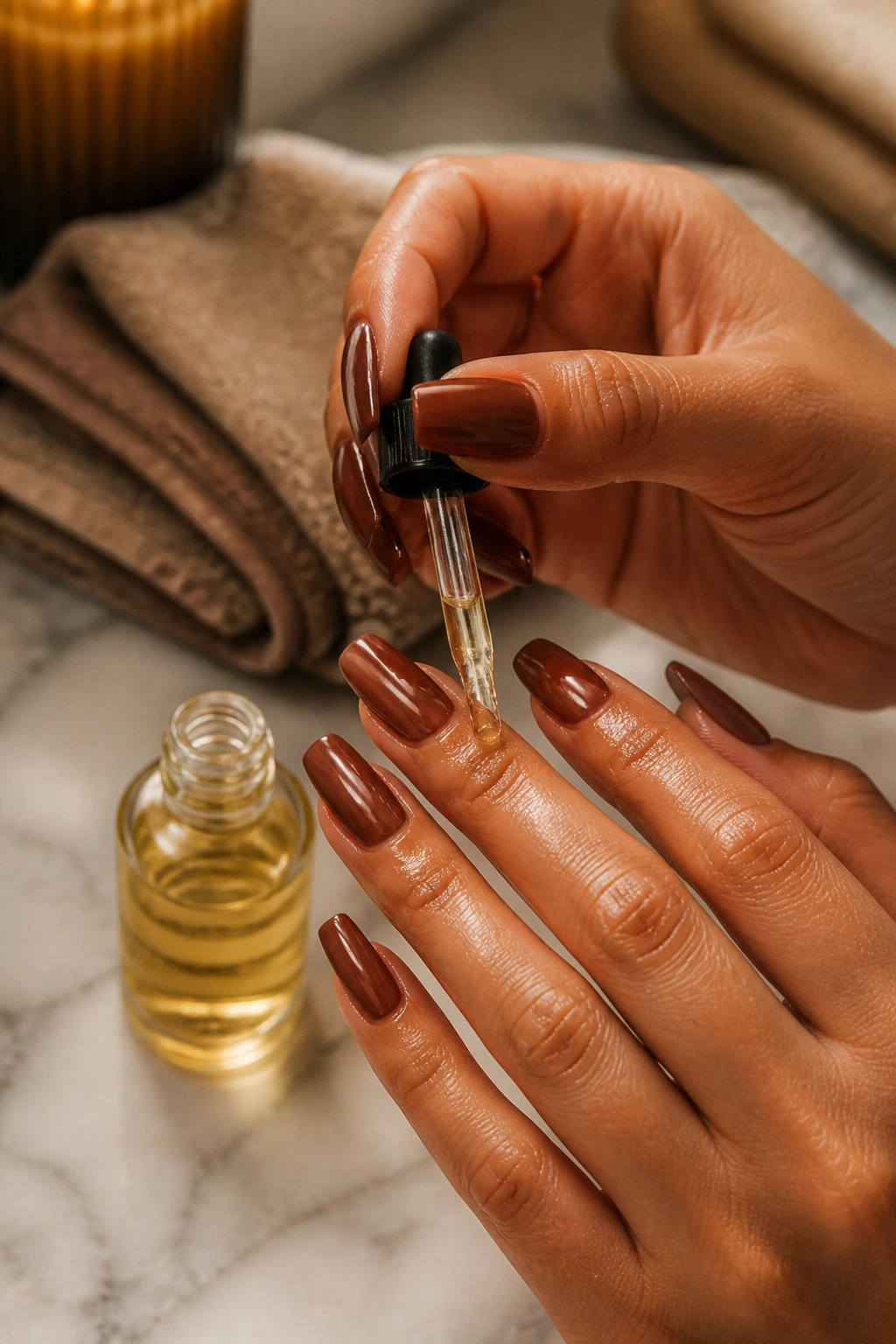 Hands applying cuticle oil to brown coffin nails during a maintenance routine