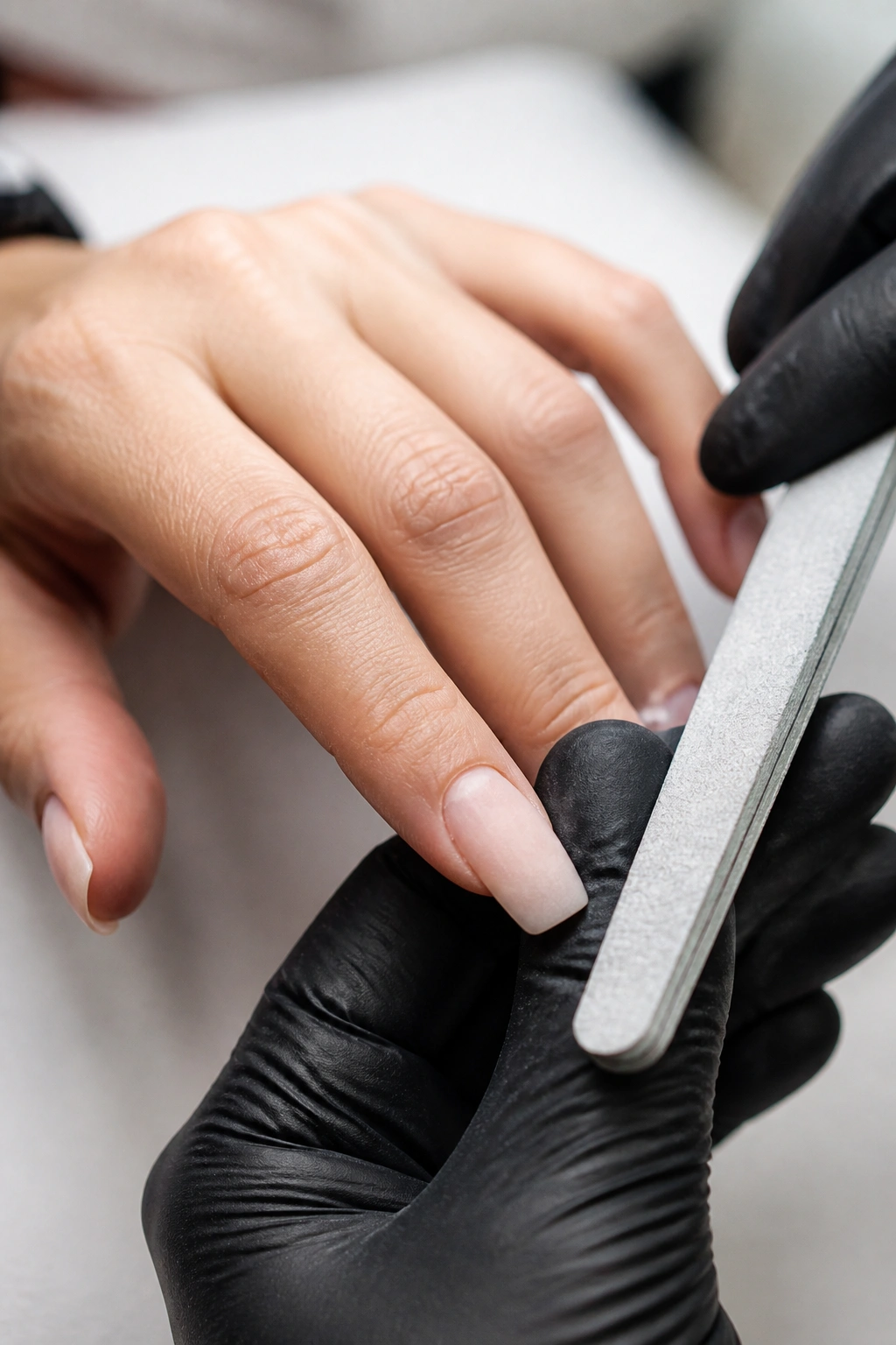 Close-up of a real hand during nail prep with buffed nude coffin nails
