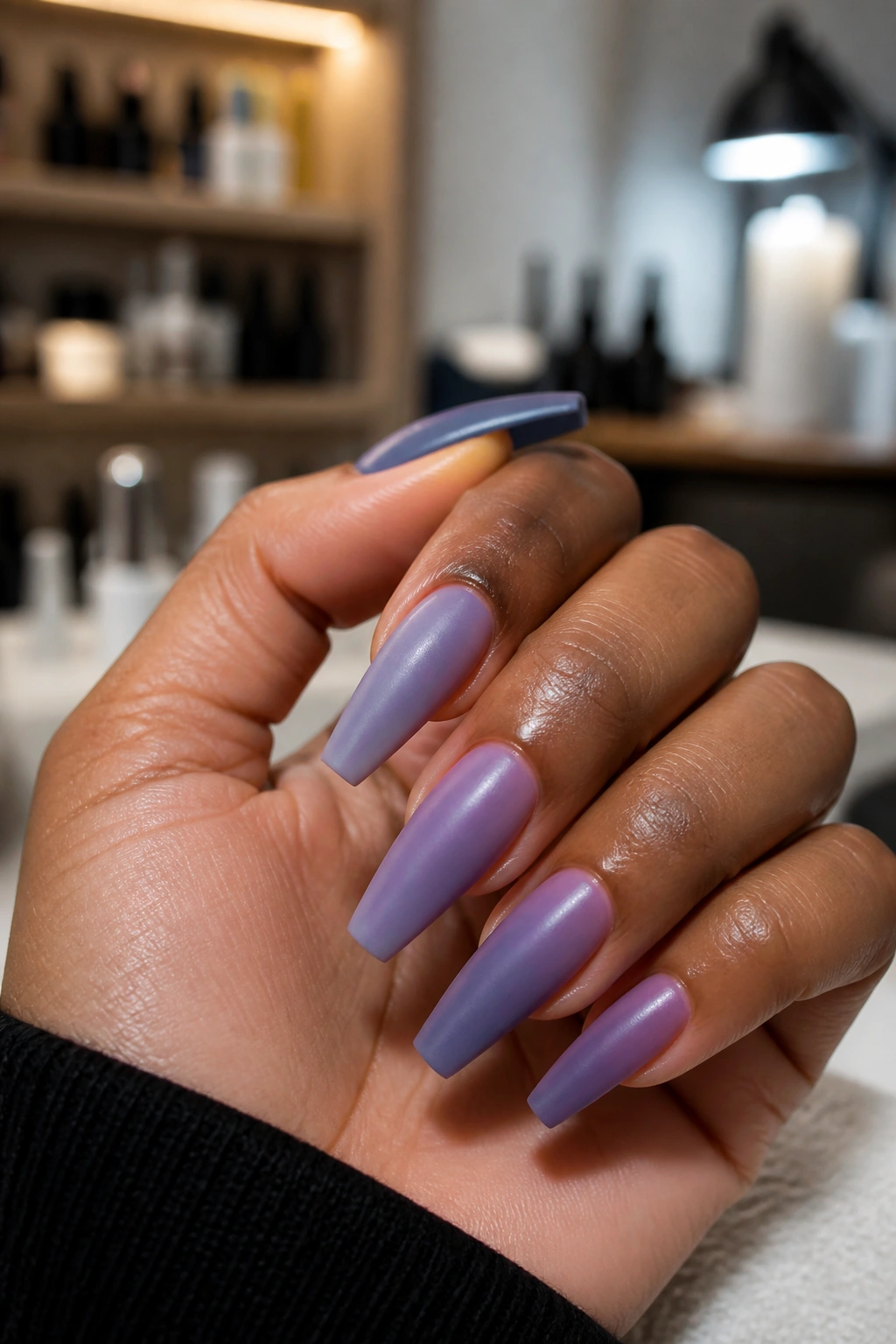 Close-up of a hand with sharply shaped coffin nails highlighting nail prep.