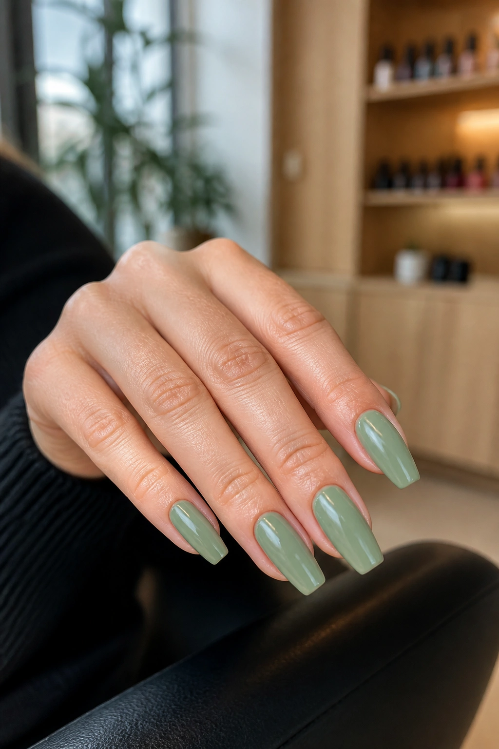 Close-up of a real client's hand with coffin nails in a nail salon during consultation.