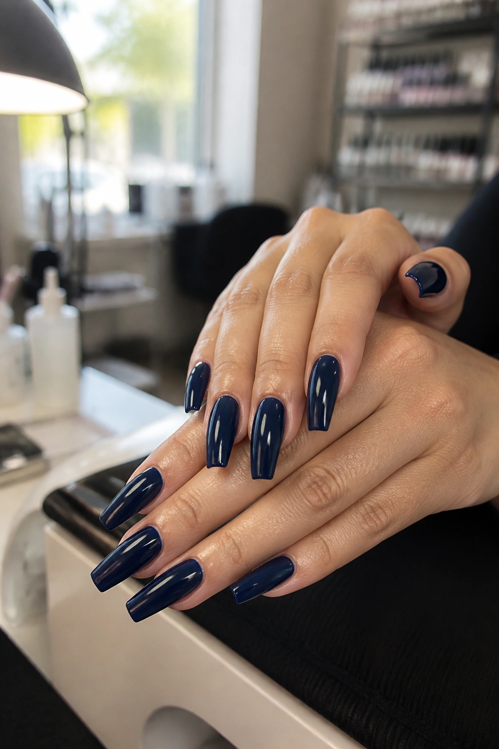 Close-up of hands with coffin nails during a salon consultation