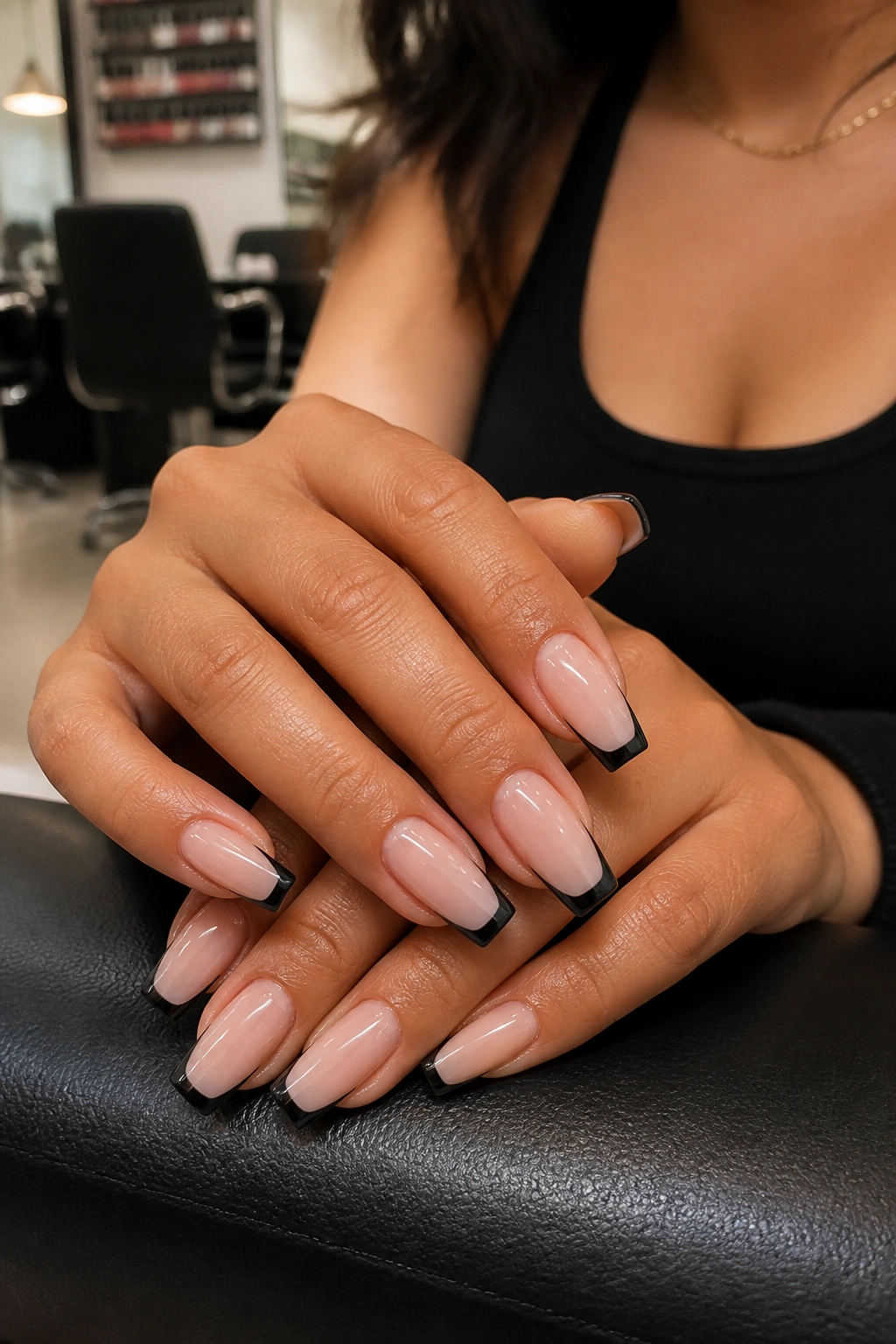 Real person in a salon chair discussing nail details, nails with sheer base and black edge