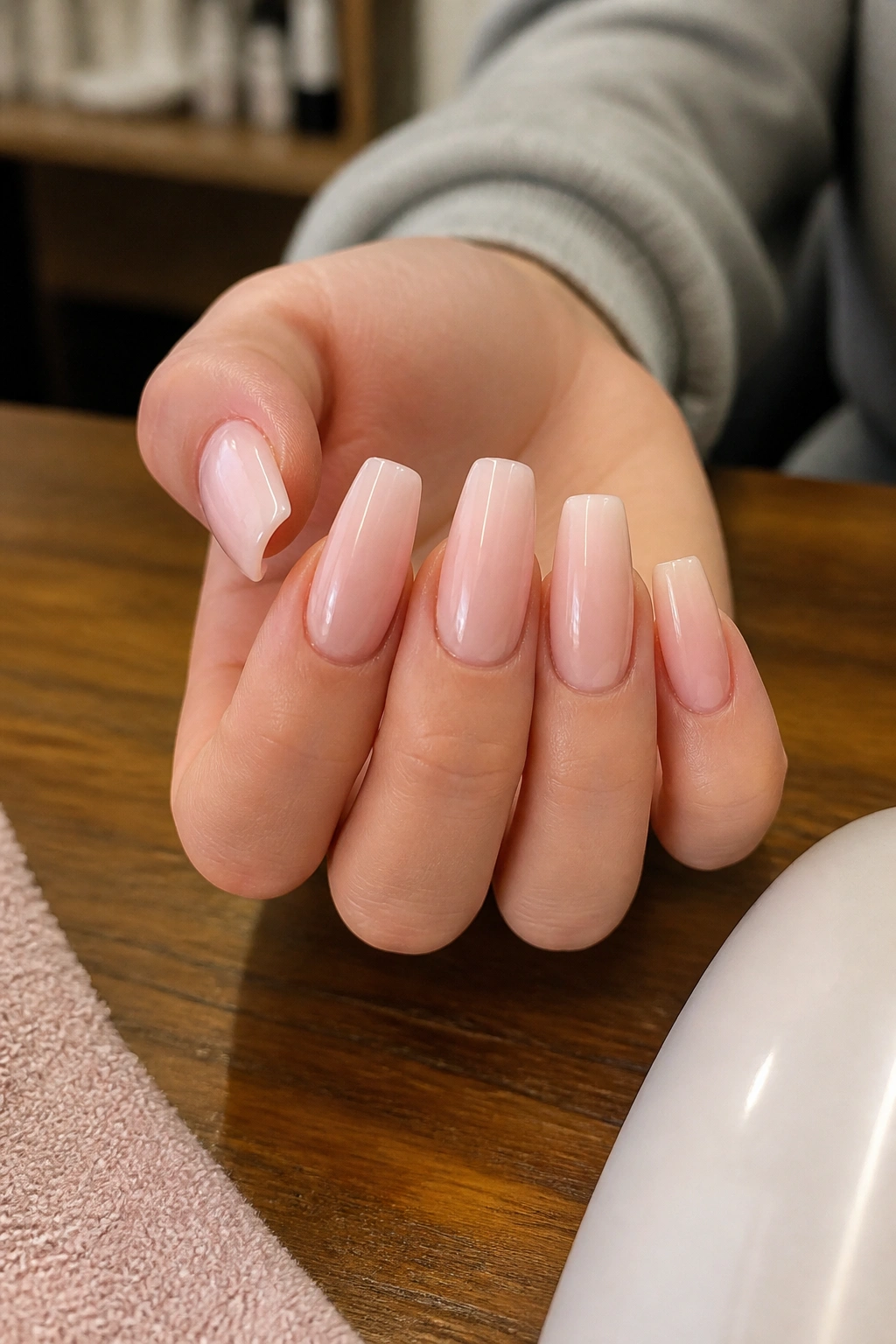 Close-up of a hand with coffin nails at a salon station before shaping