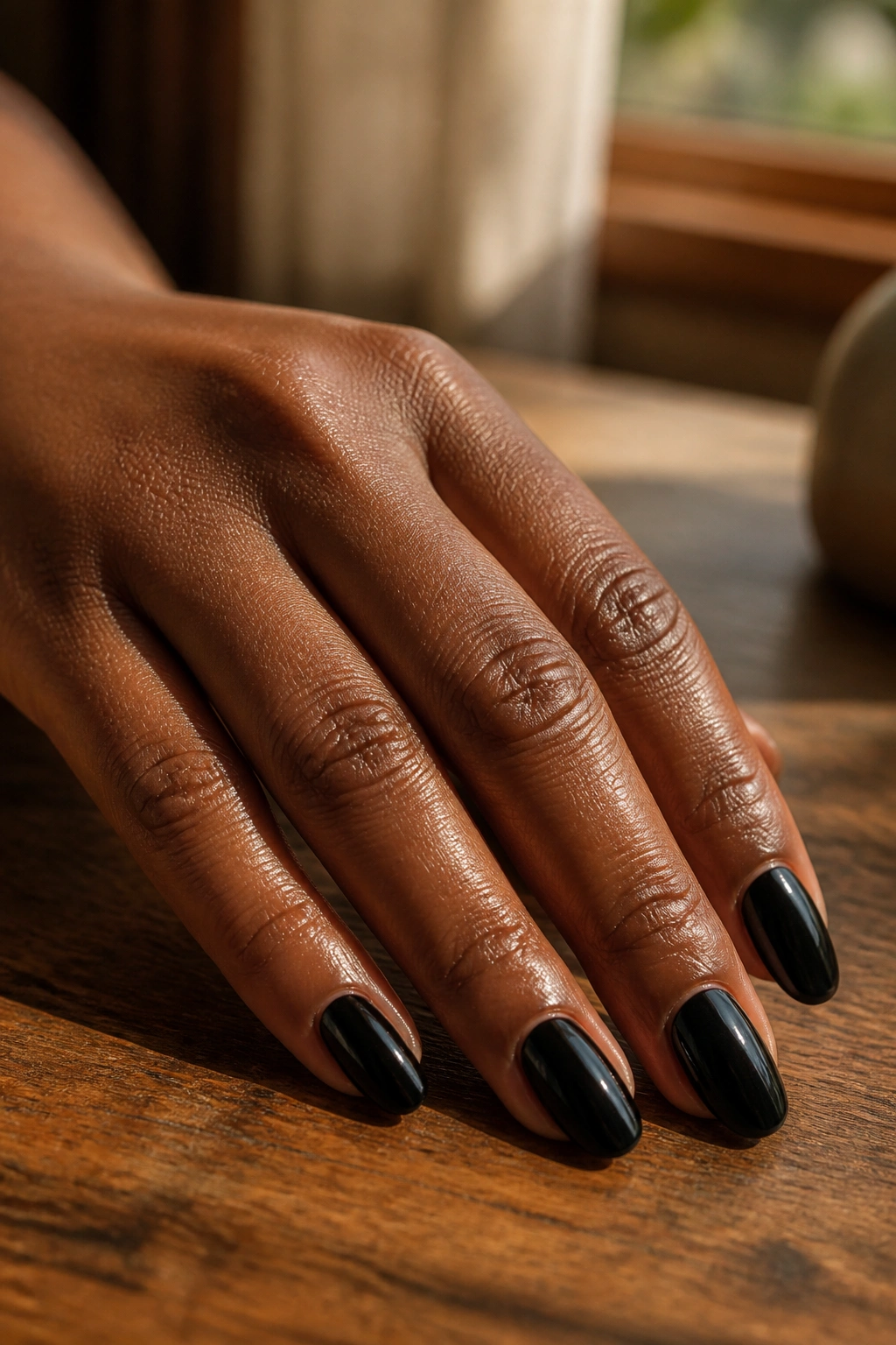 Close-up of dark-skinned hand with short black almond nails in sleek manicure