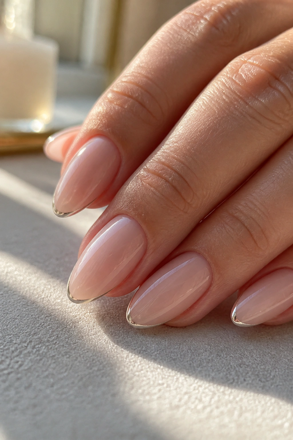 Close-up of almond nails with a barely-there silver line on a sheer beige base