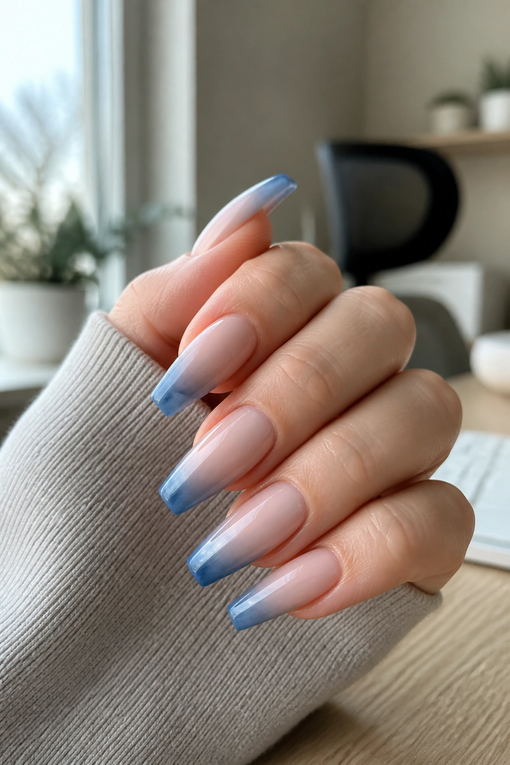 Close-up of nails with nude base and blue smoke tips on a real person's hand